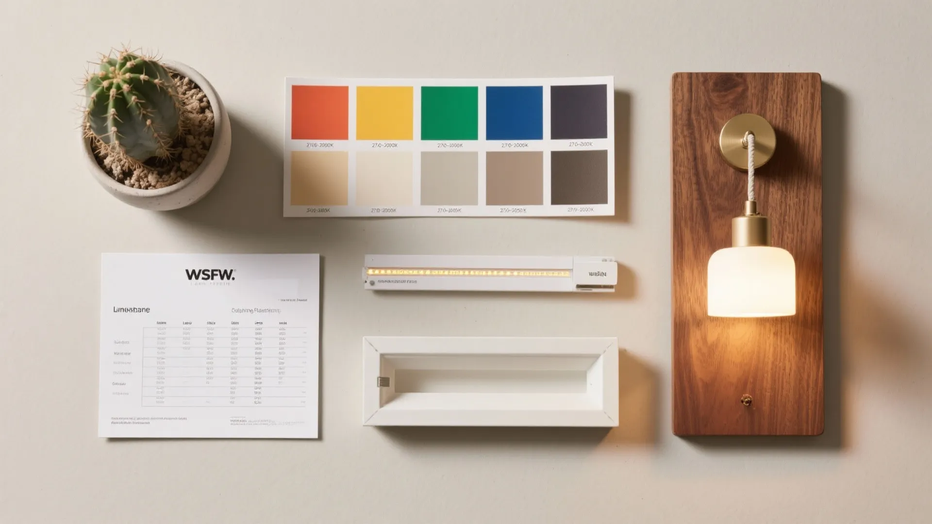 Flat lay with color swatches a small cactus plant and a modern wall light fixture
