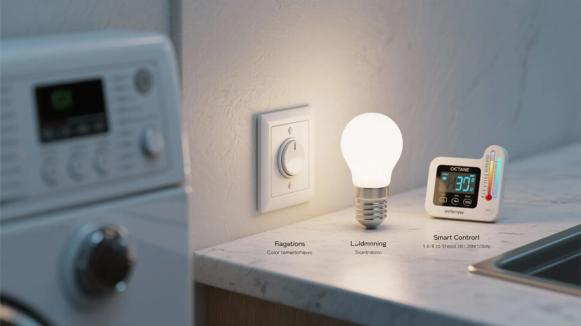 Glowing light bulb on a counter next to a light switch and smart control device