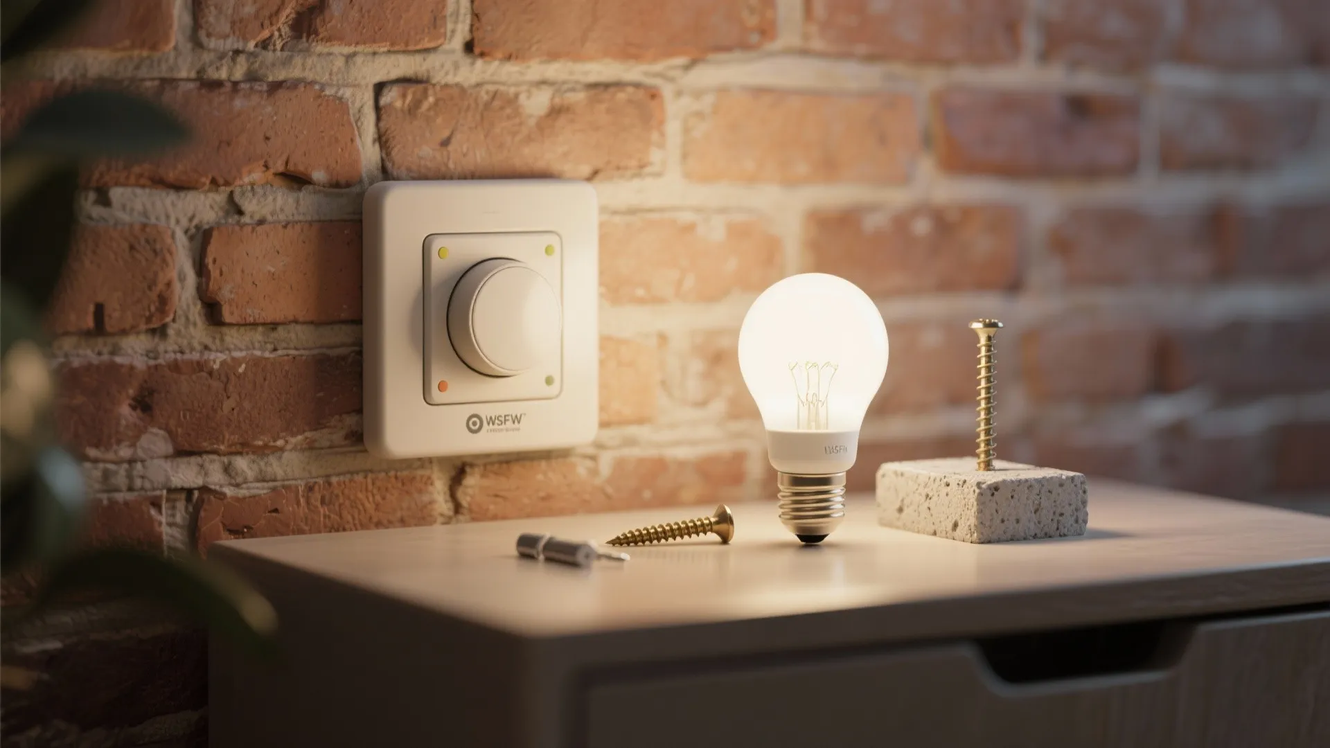 Close up of a light dimmer switch and glowing light bulb on a wooden cabinet