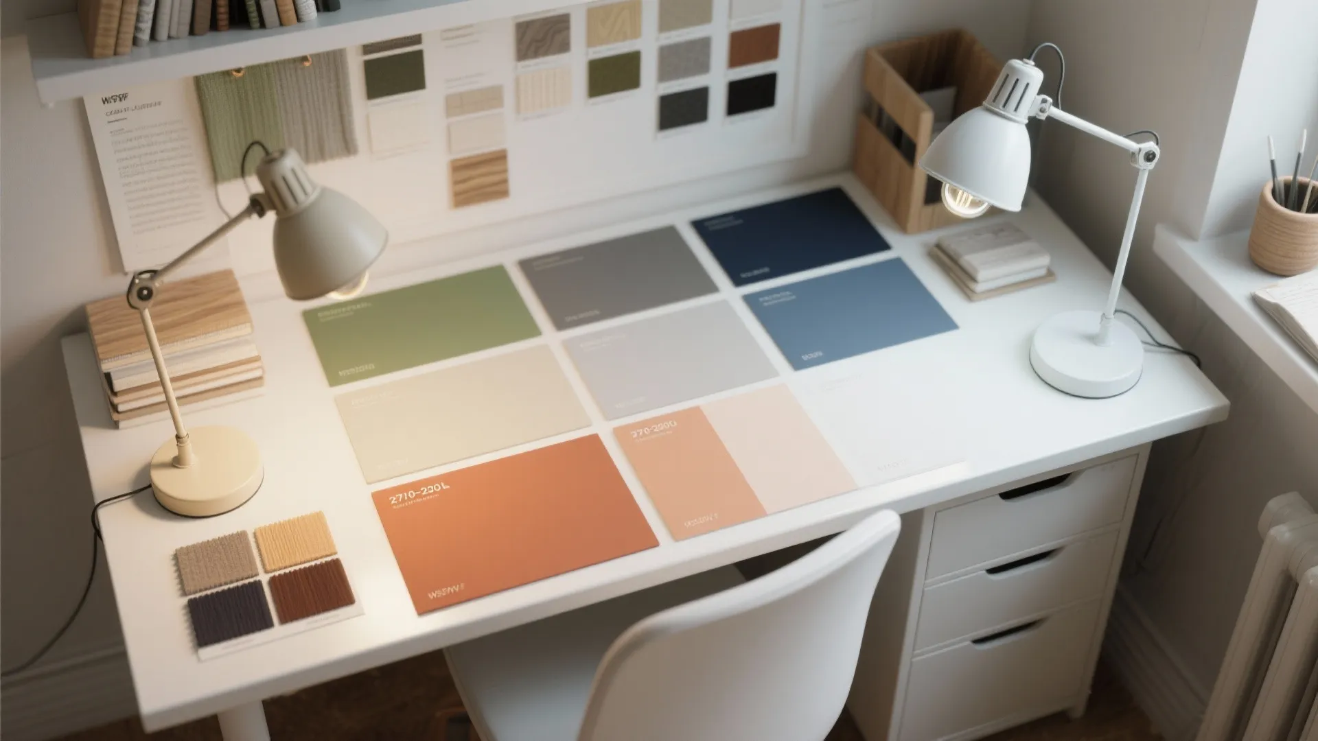Designer workspace with colorful paint samples fabric swatches two desk lamps and a white swivel chair