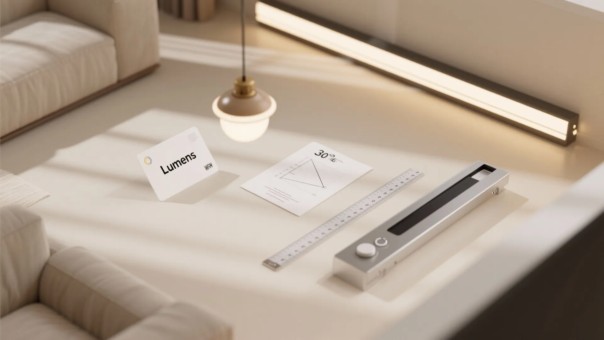 Top view of a desk with technical lighting diagram Lumens card ruler and small light fixture