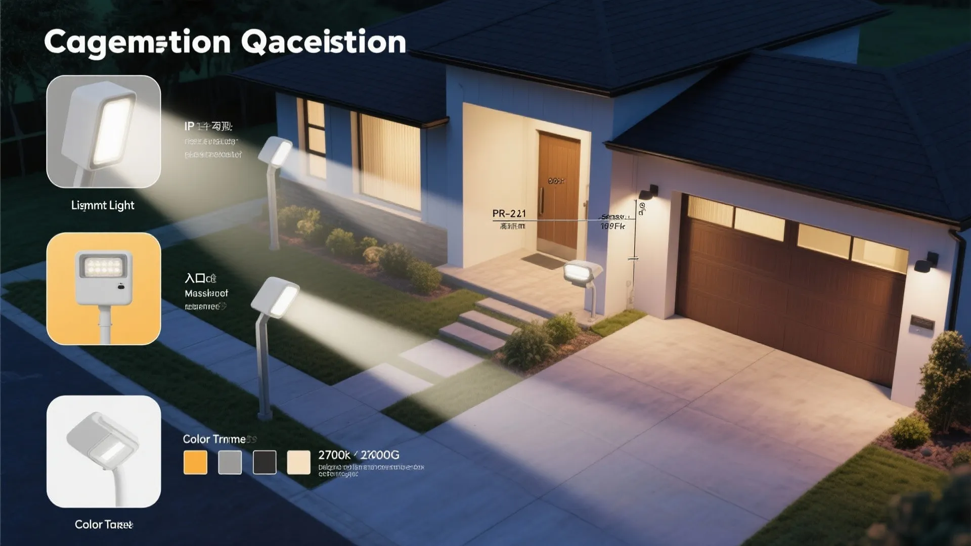 Top-down visualization of lumen ranges, IP ratings, mounting heights, sensor masking, and color temperatures.
