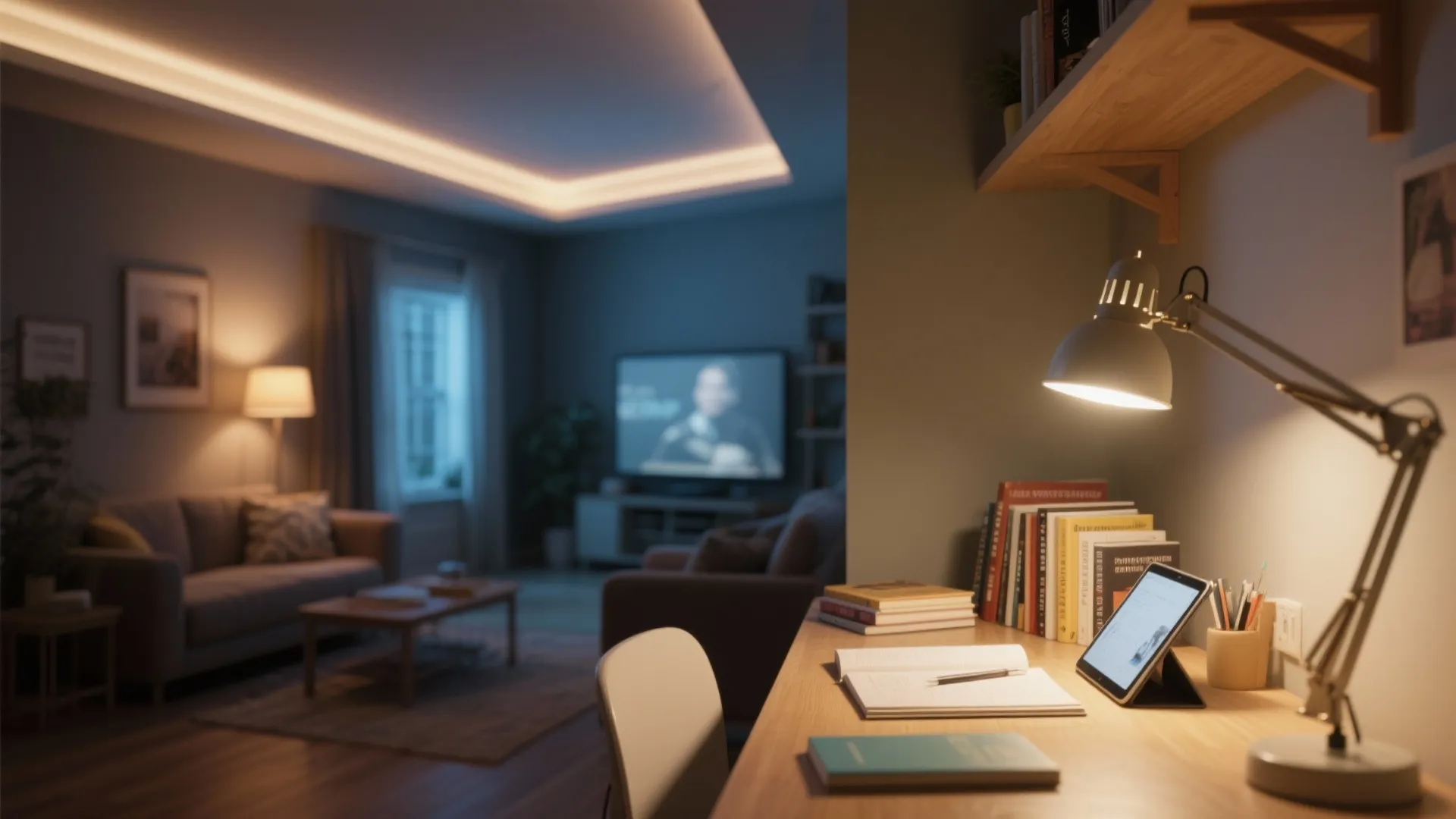 Homework area lit by a task lamp with the rest of the family room dimmed for movie mode.