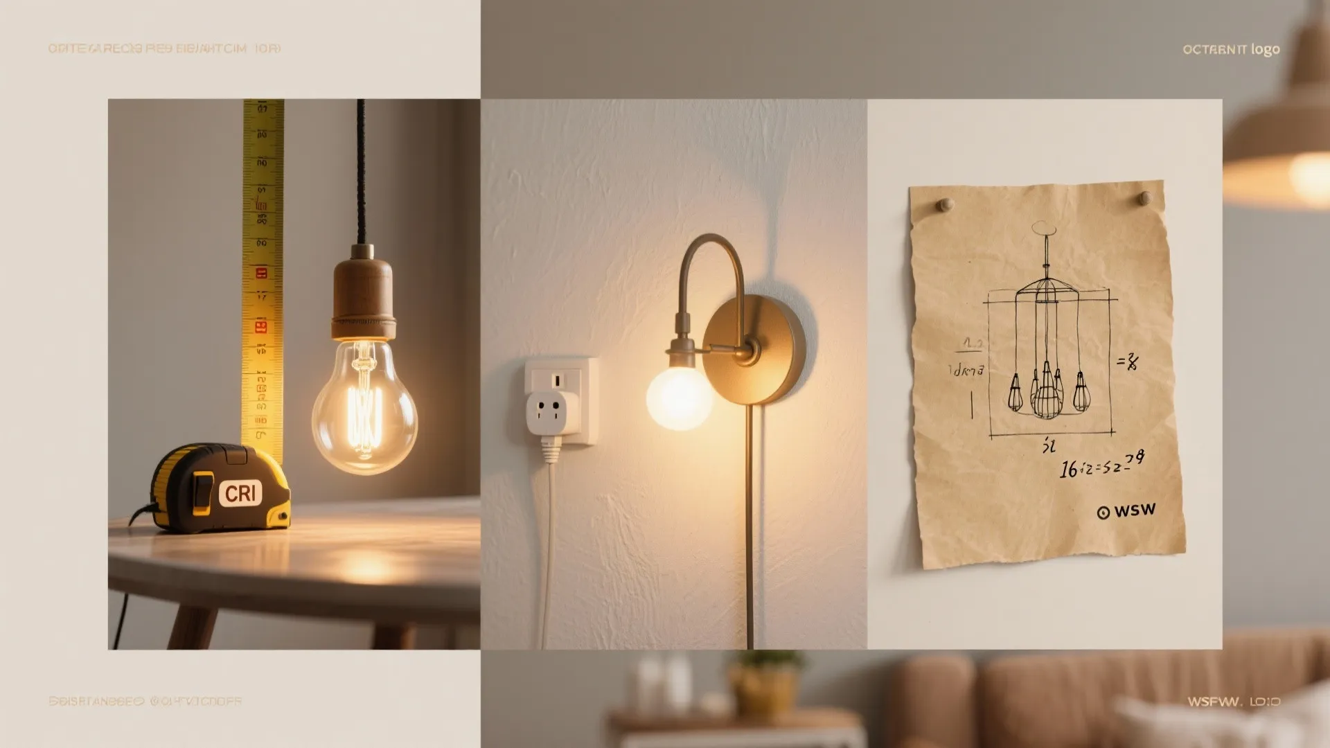 Triptych showing light bulb with measuring tape wall light with plug and interior design drawing