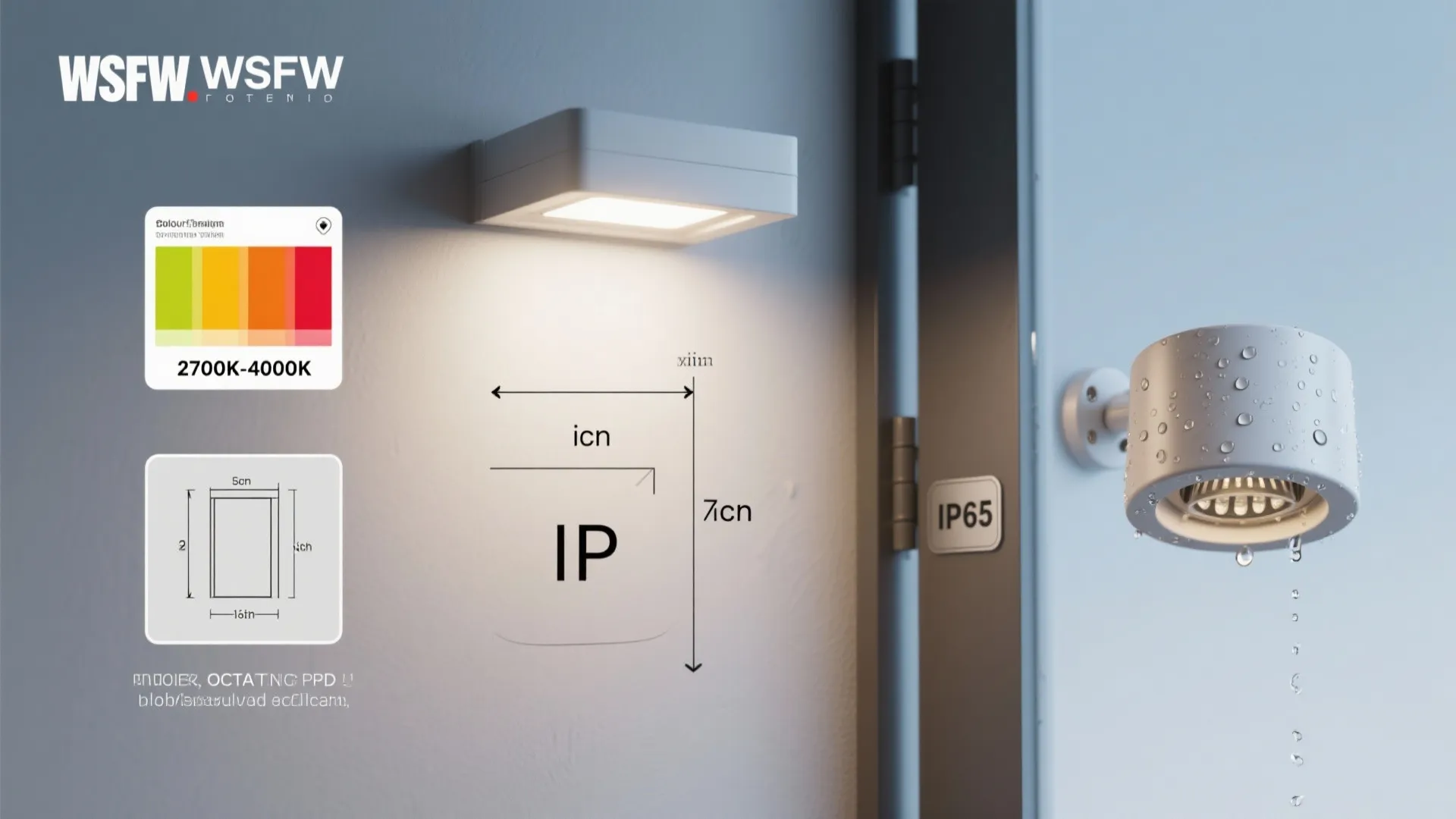 Technical graphic showing light fixture water resistance rating with temperature scale and wall light dimensions