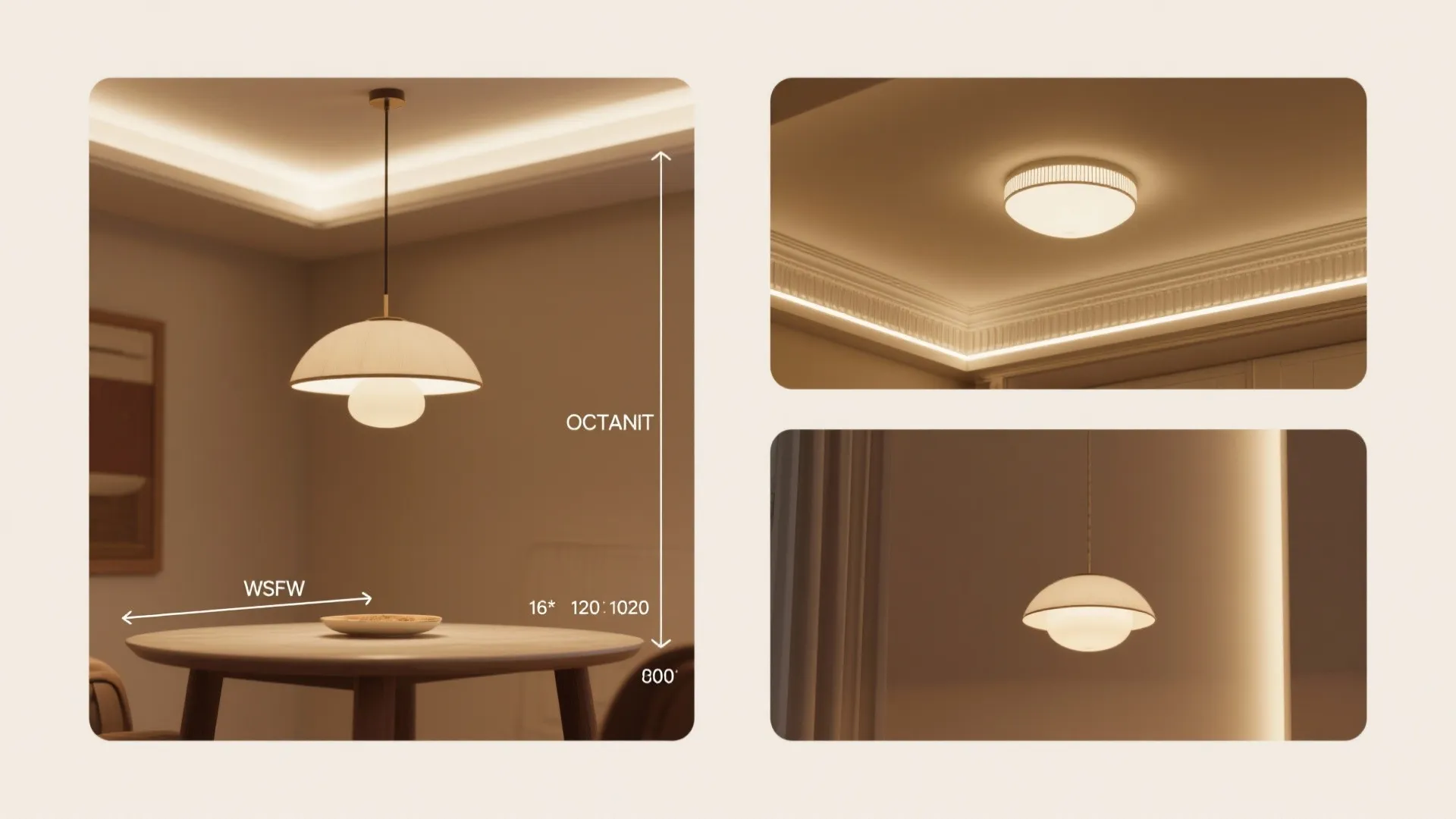 Composite vignettes showing pendant height, recessed lights, semi-flush fixture, and hidden LED uplighting for FAQs.