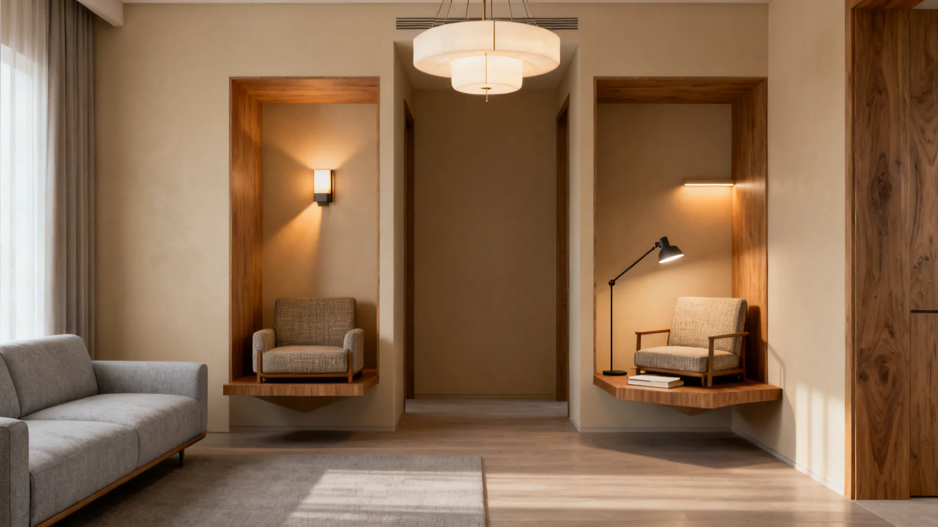 Living room showing layered lighting and two distinct seating areas with clear circulation.