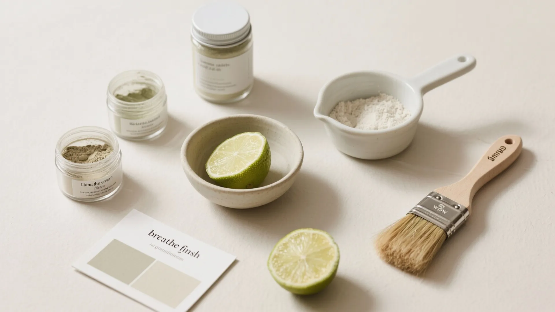 Flatlay of limewash ingredients: slaked lime, pigment jars, brushes and swatches indicating eco-friendly, breathable finish.
