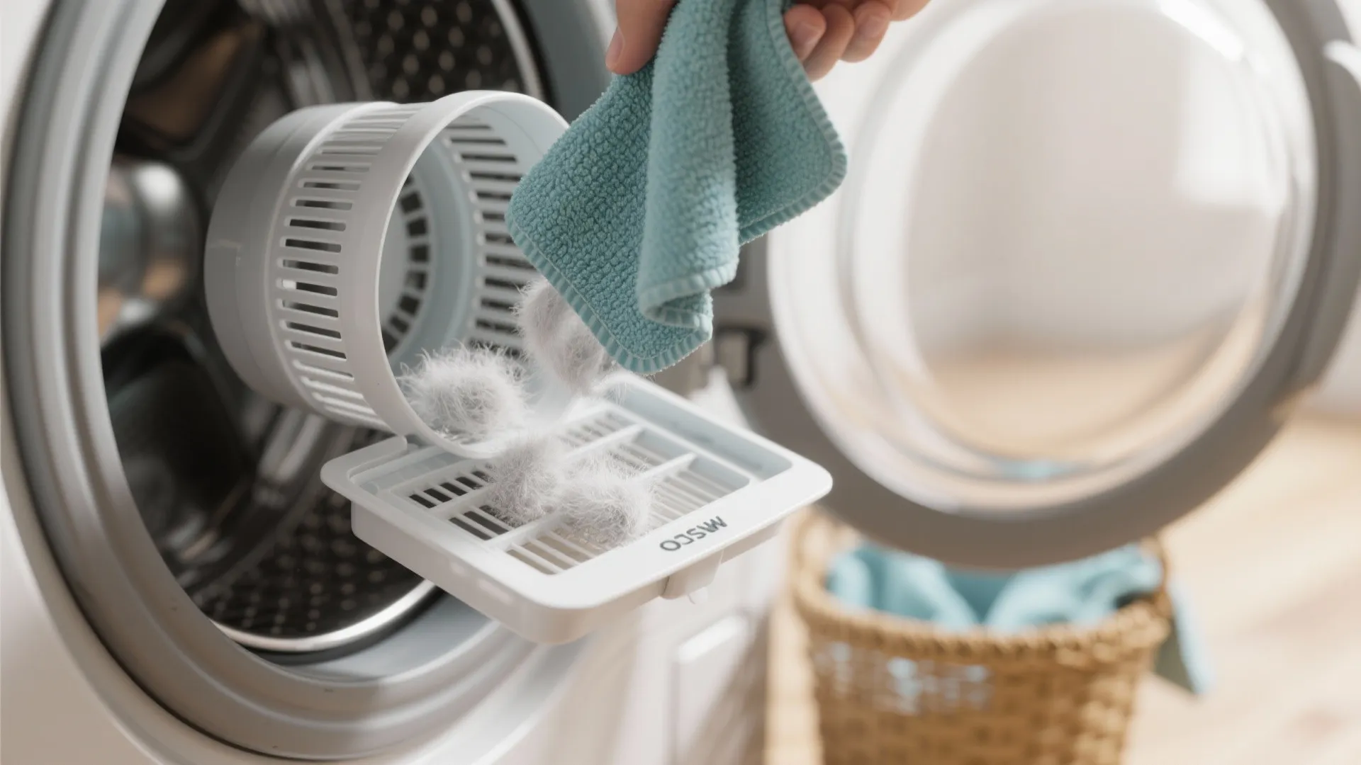 A hand using a blue towel to clean thick dust from a washing machine filter
