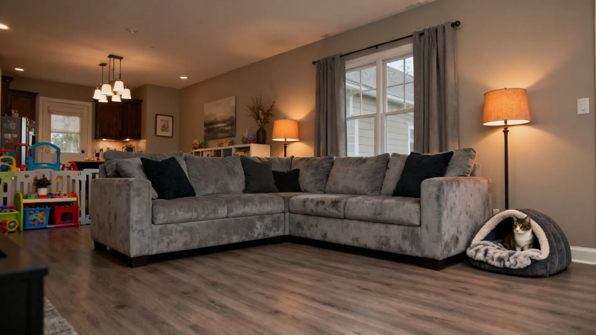 Family-friendly monochrome living room with durable gray upholstery and warm lighting.