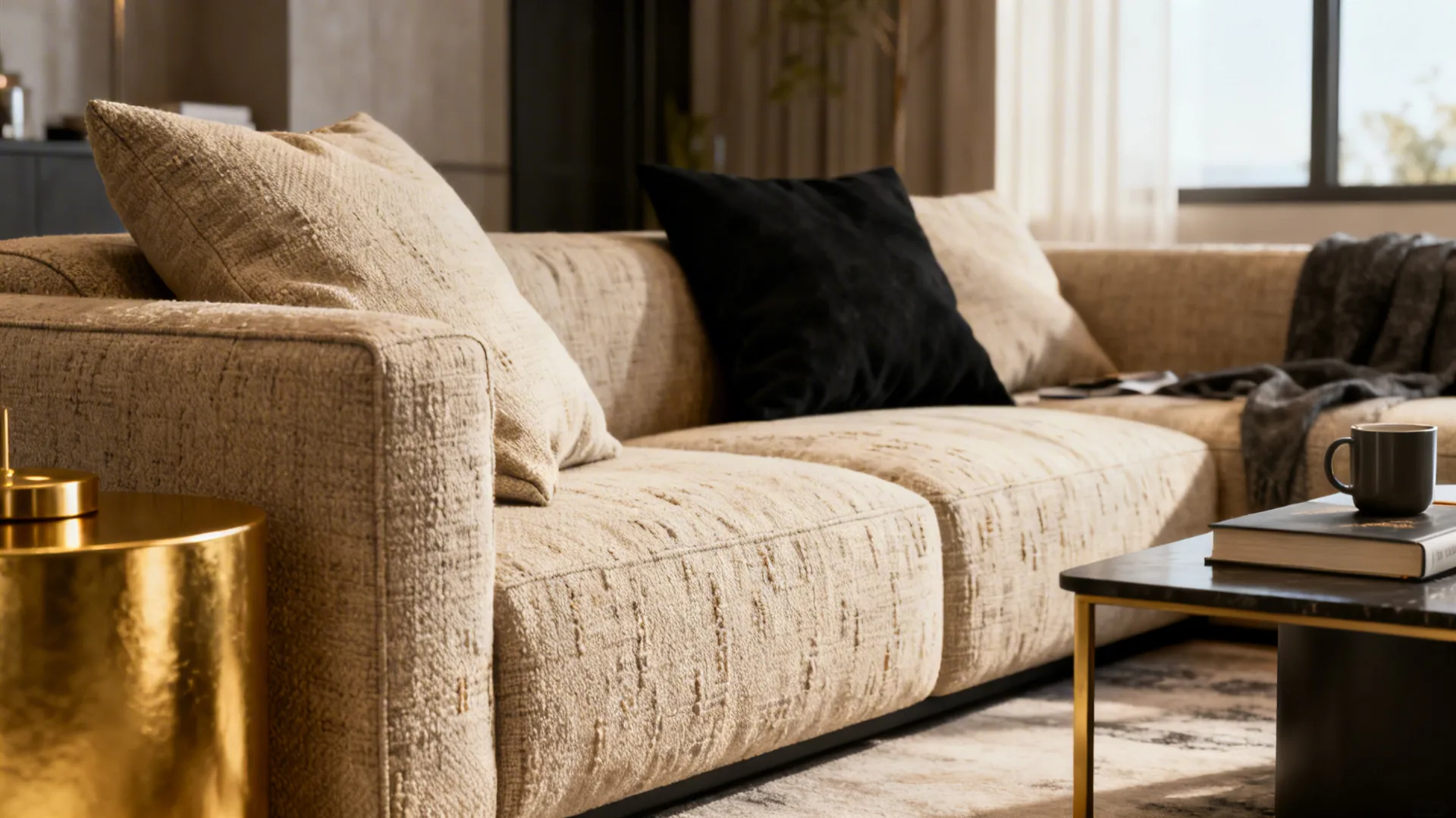 Inviting lived-in living room showing durable fabrics and low-touch gold accents in a beige, black and gold palette.