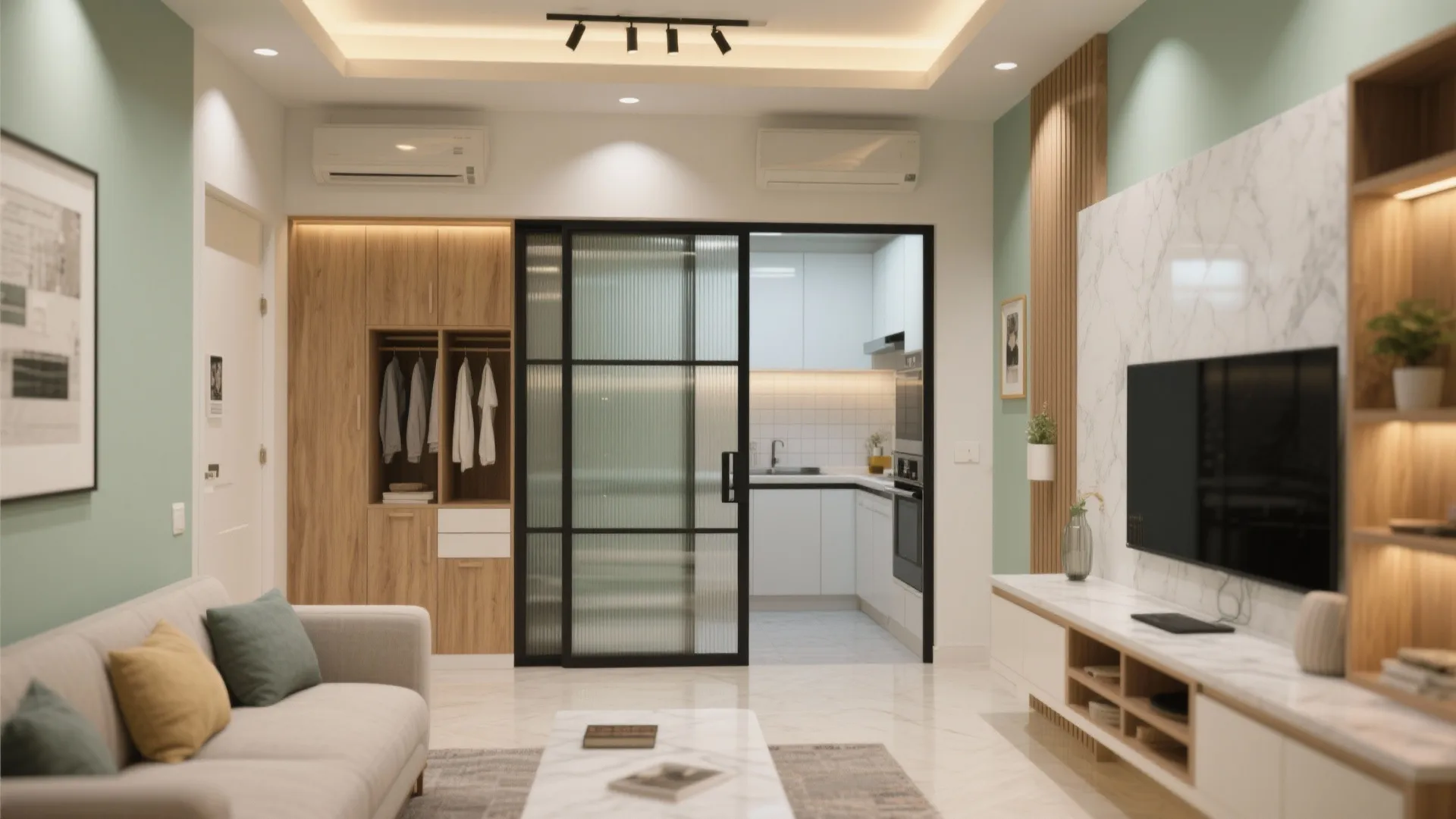 Contemporary living room with grey sofa glass sliding door wooden wardrobe marble TV wall and lighting