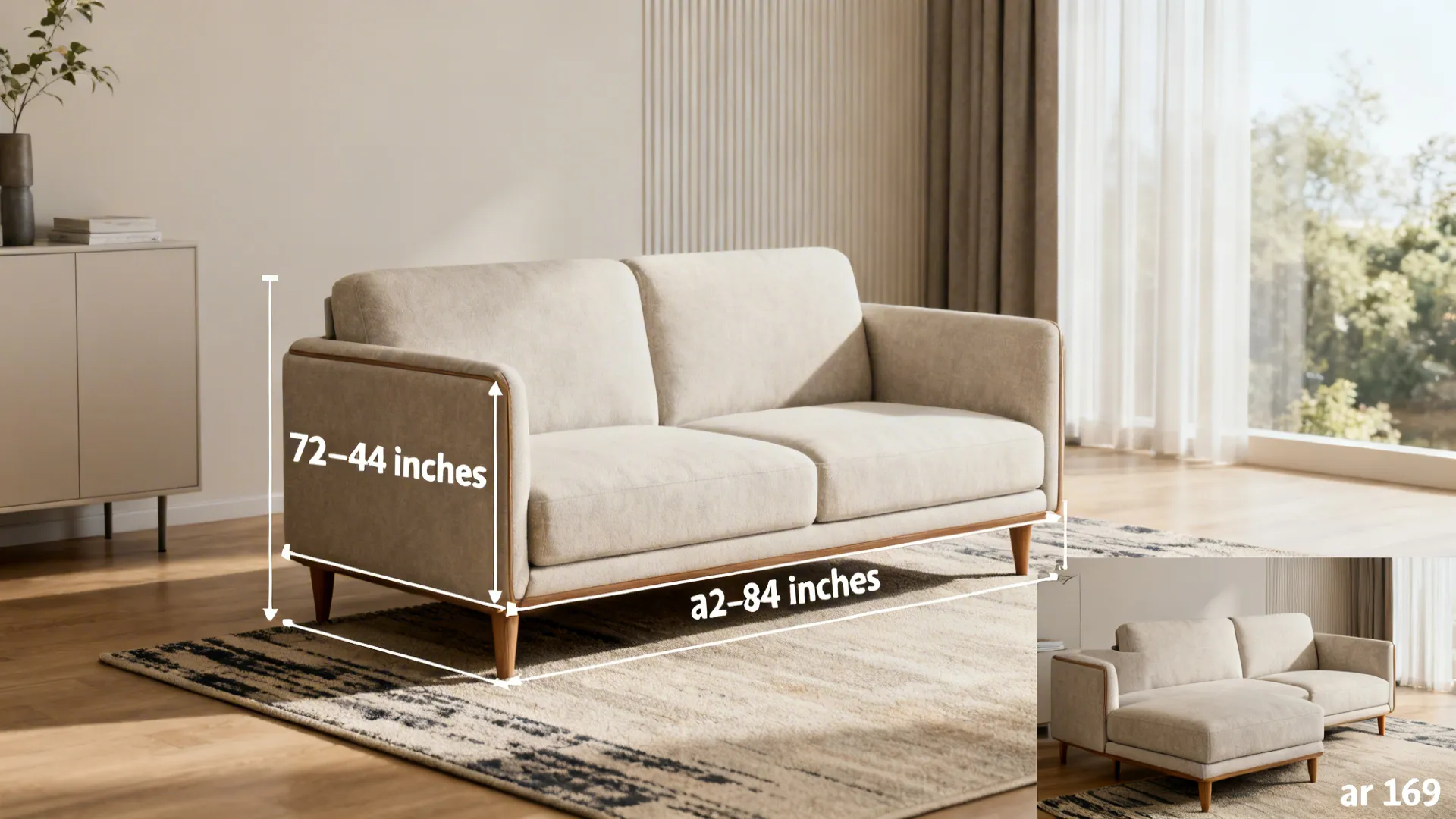 Living room vignette illustrating sofa size recommendations, rug placement and a modular sofa option.