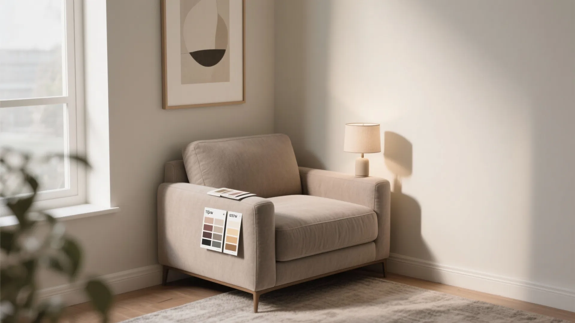 Small living corner with swatches and sample lighting illustrating taupe and gray design tips