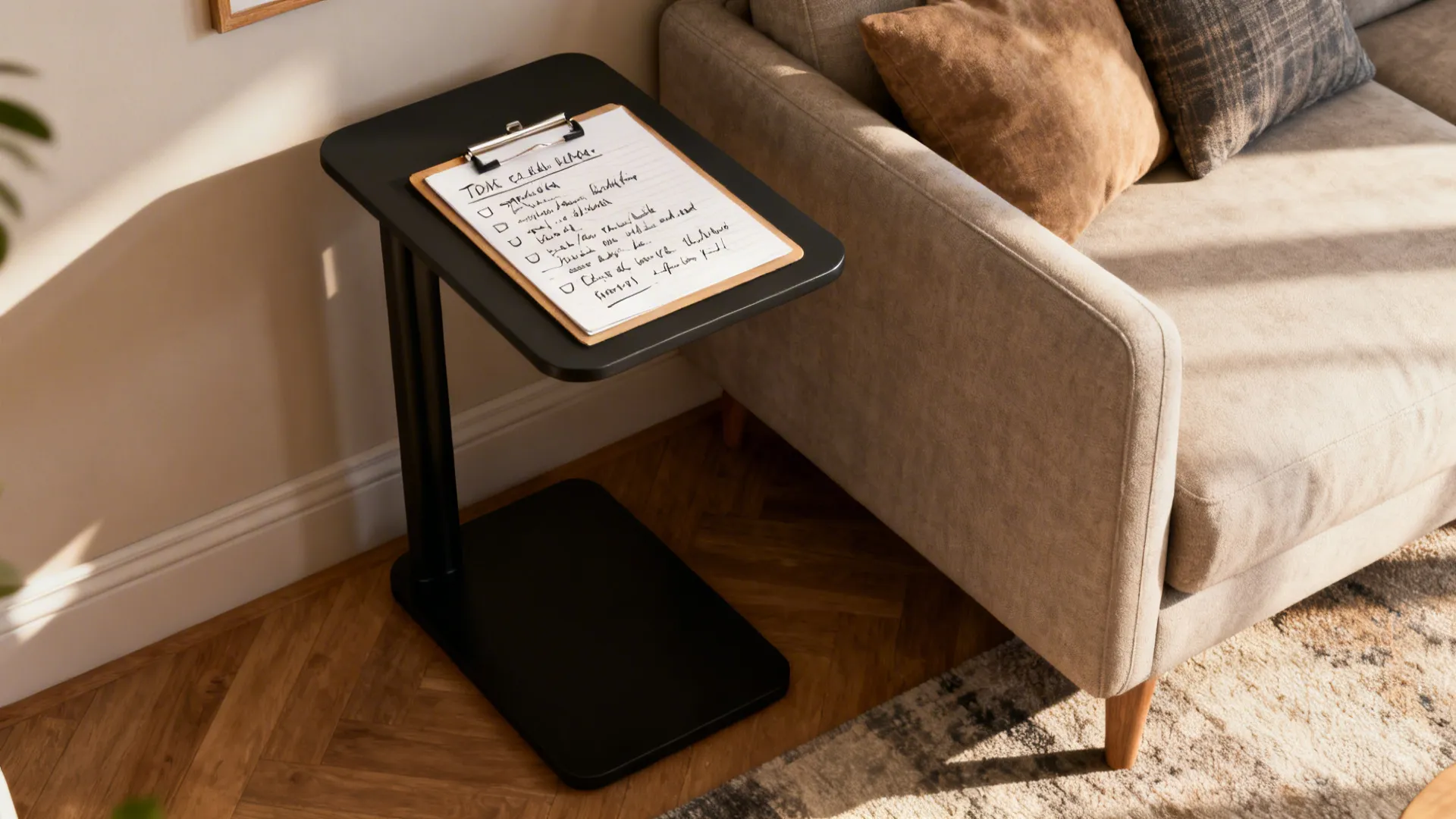 Small living room corner with a slim black end table and a clipboard, illustrating FAQ advice about end tables.