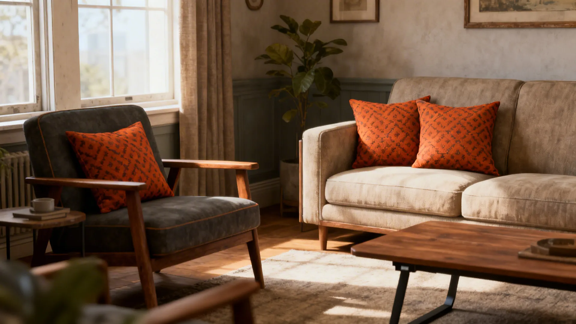 Living room corner showing mixed-era seating, repeated cushions and an adjustable coffee table illustrating FAQ tips.