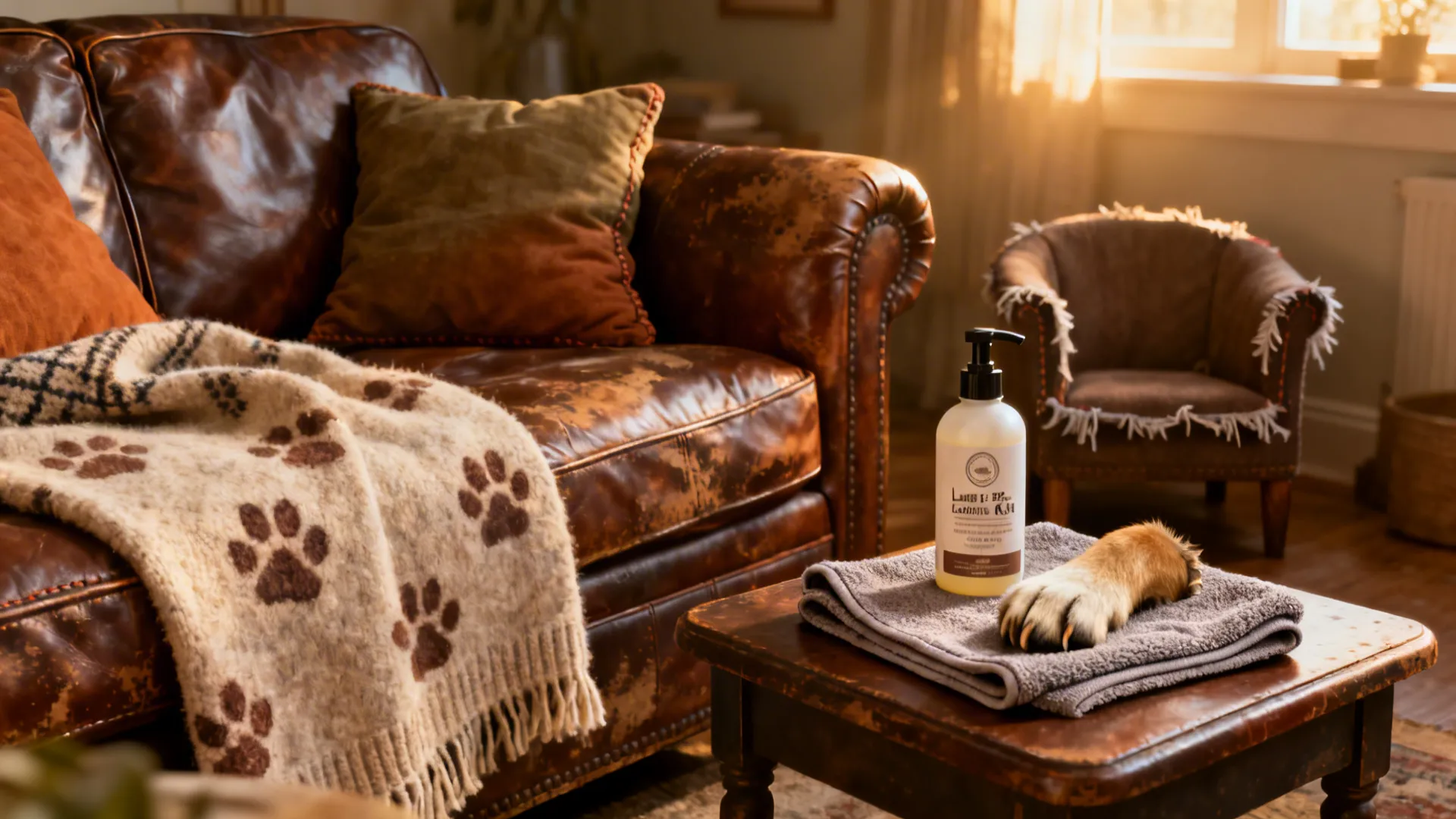 Cozy living room corner with a leather sofa, pet-friendly accessories and leather-care items.