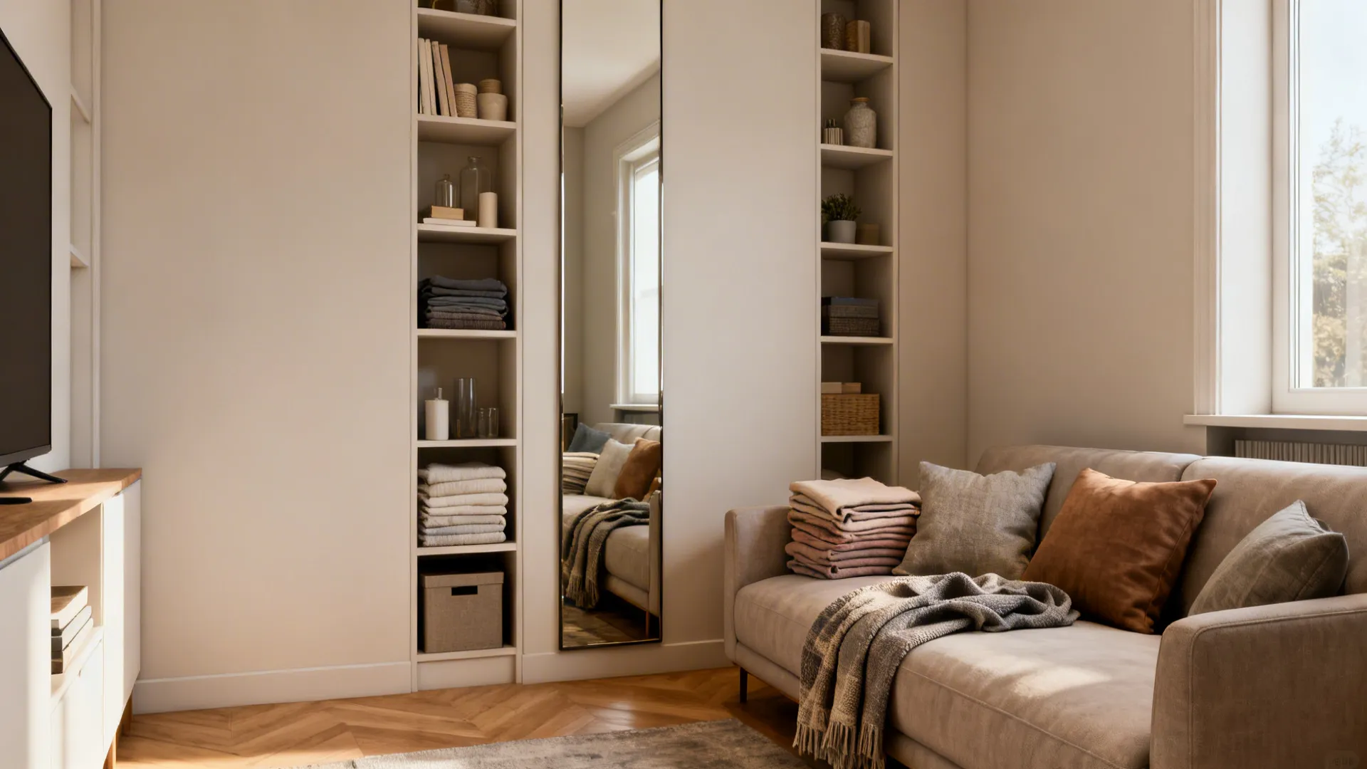 Small living room corner with vertical storage, light paint, mirror and layered lighting illustrating small-space tips.