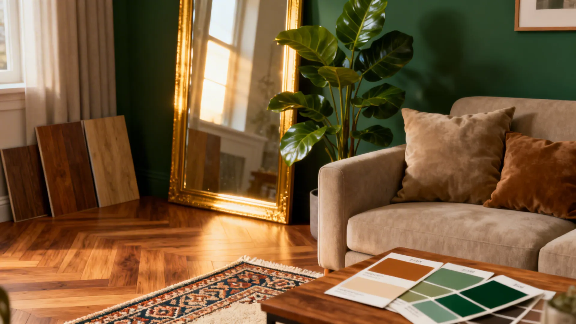 Detail scene with flooring sample, rug edge, mirror, plant, and paint swatches for small living room tips.