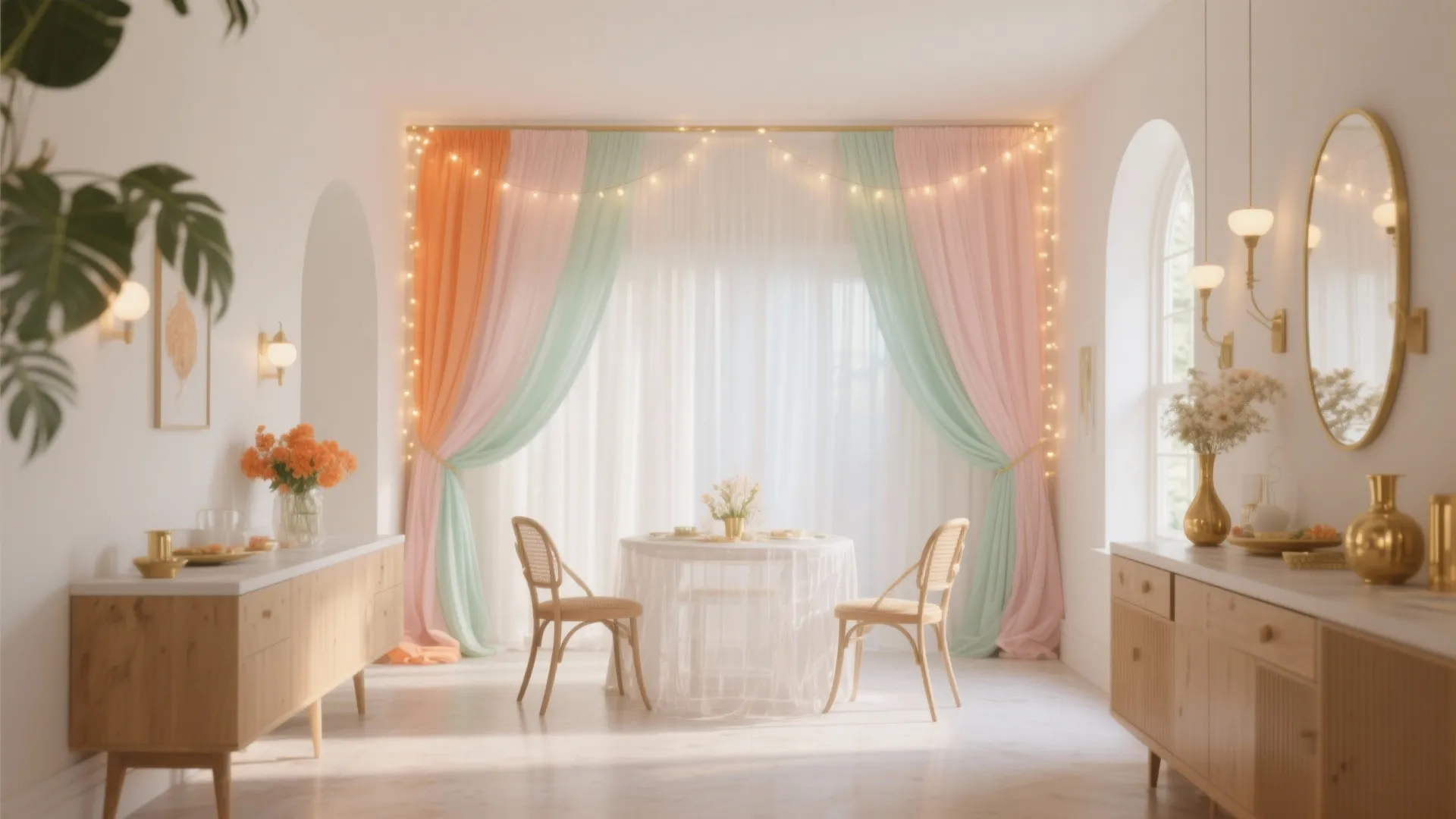 Elegant dining room with colorful curtains fairy lights wooden cabinets round table and gold wall mirror