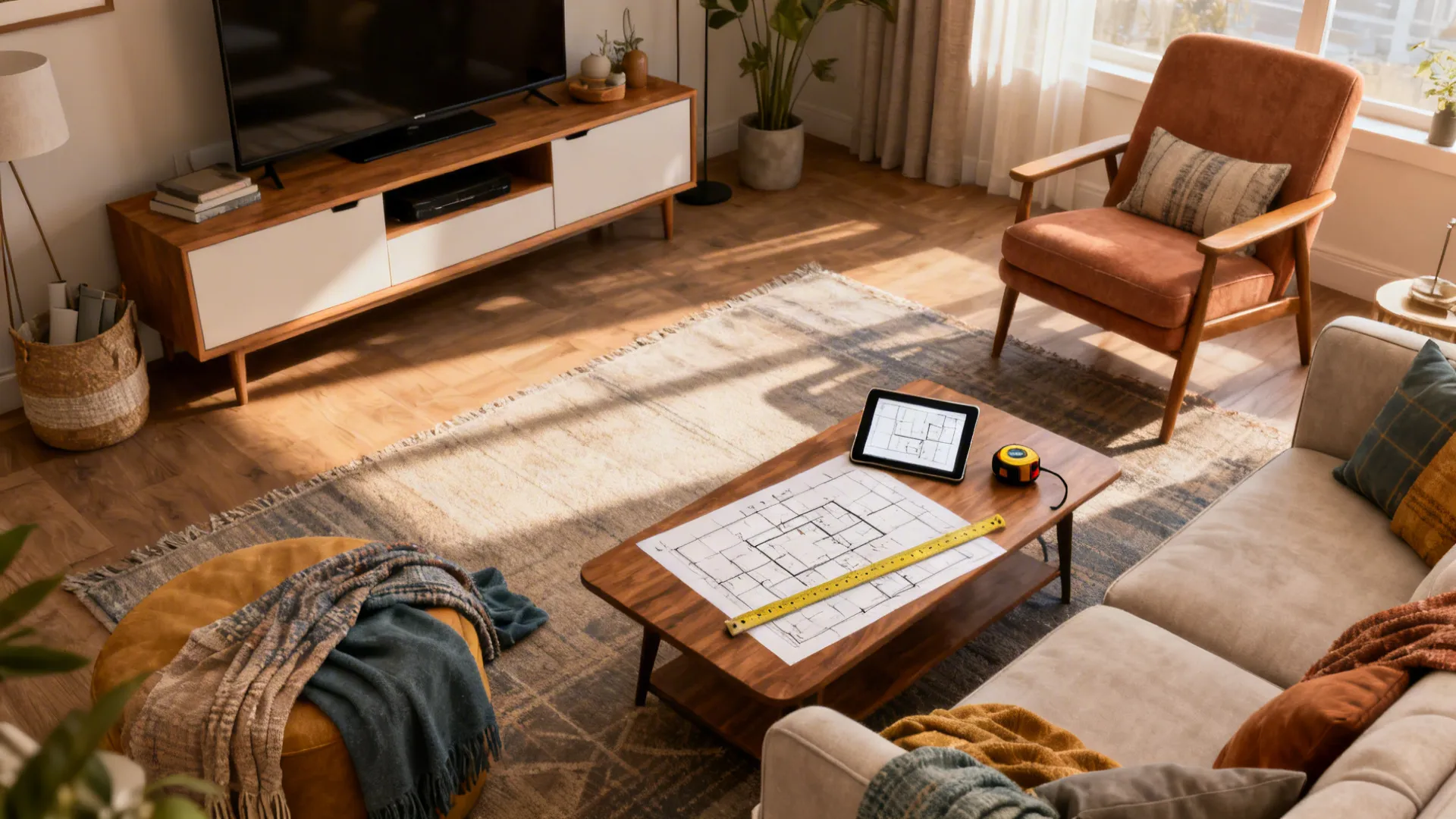 Small living room with mixed-budget pieces and a tablet showing a room planner on the coffee table.