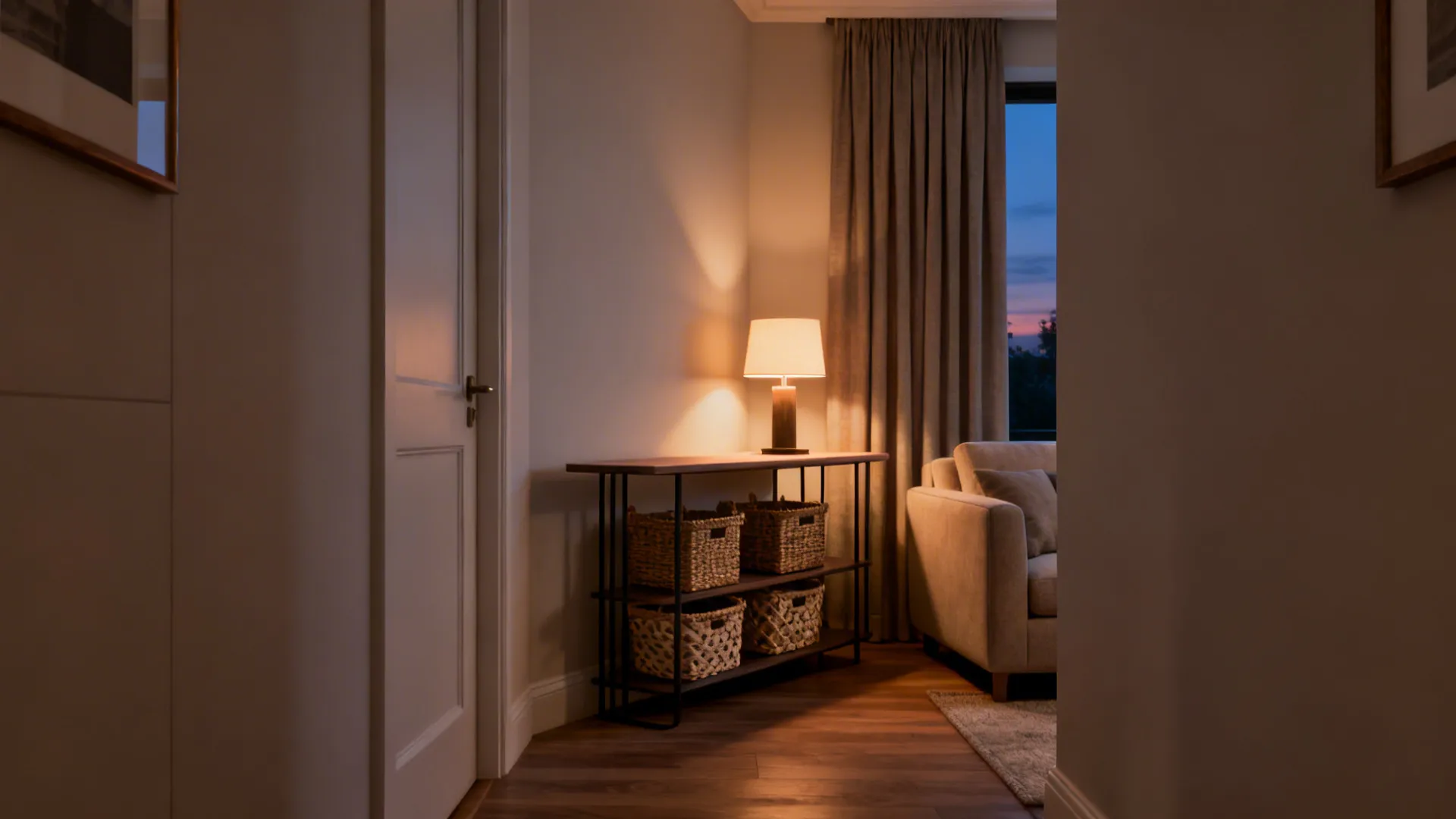 Organized small living room corner showing clear pathways, high-mounted curtains, and storage solutions.