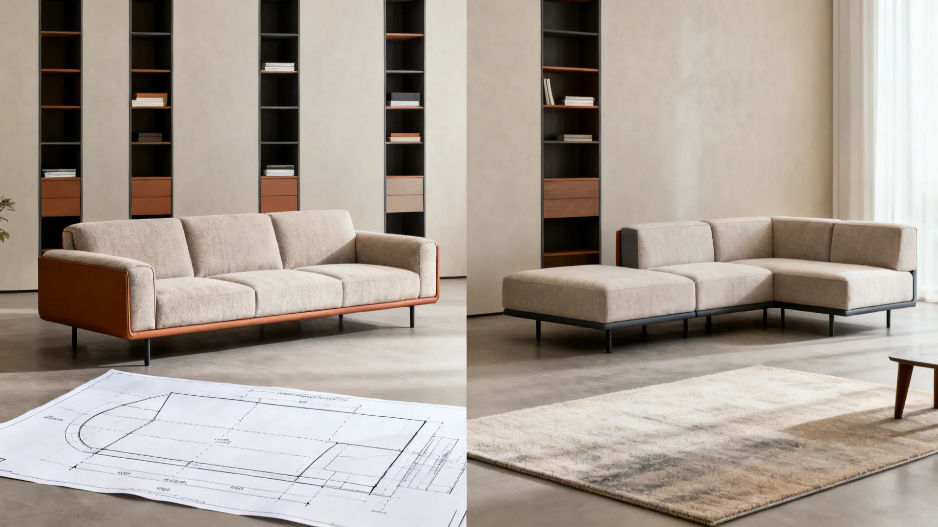 Collage showing sofa sizing, vertical storage, modular seating, and rug placement for small living rooms.