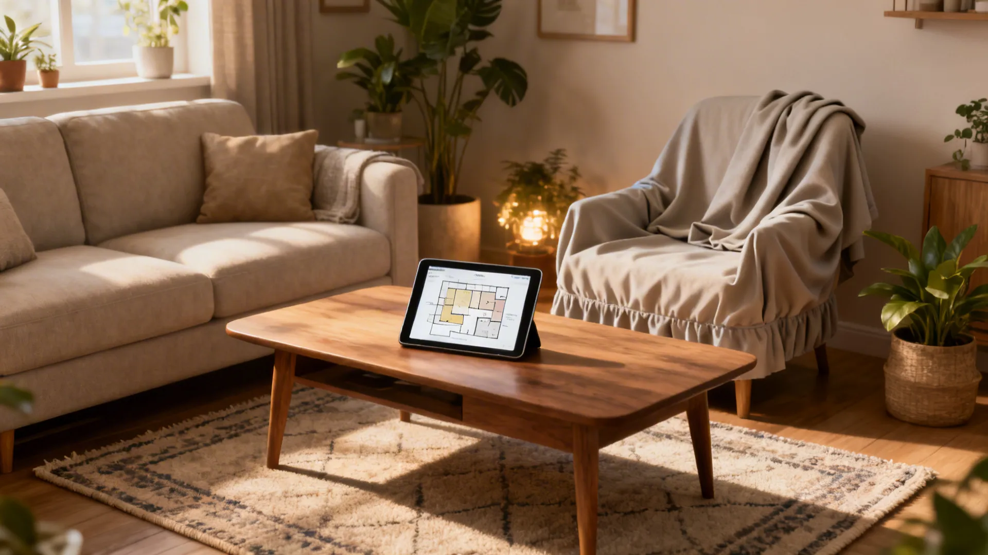 Vignette showing rug sizing, room planner on a tablet, washable slipcovers and low-light plants for FAQ topics.