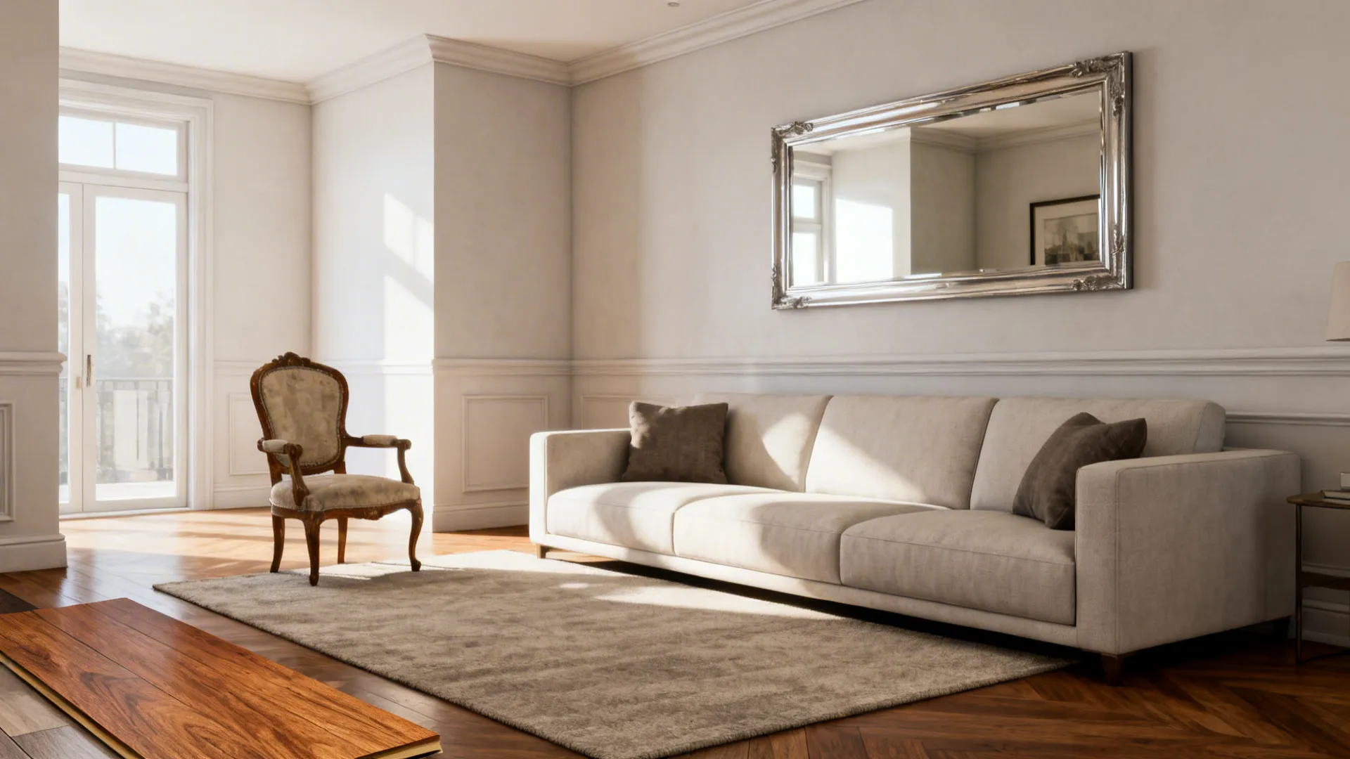 Modern living room visual summarizing FAQs: clean lines, mirrors, flooring and a vintage accent chair.