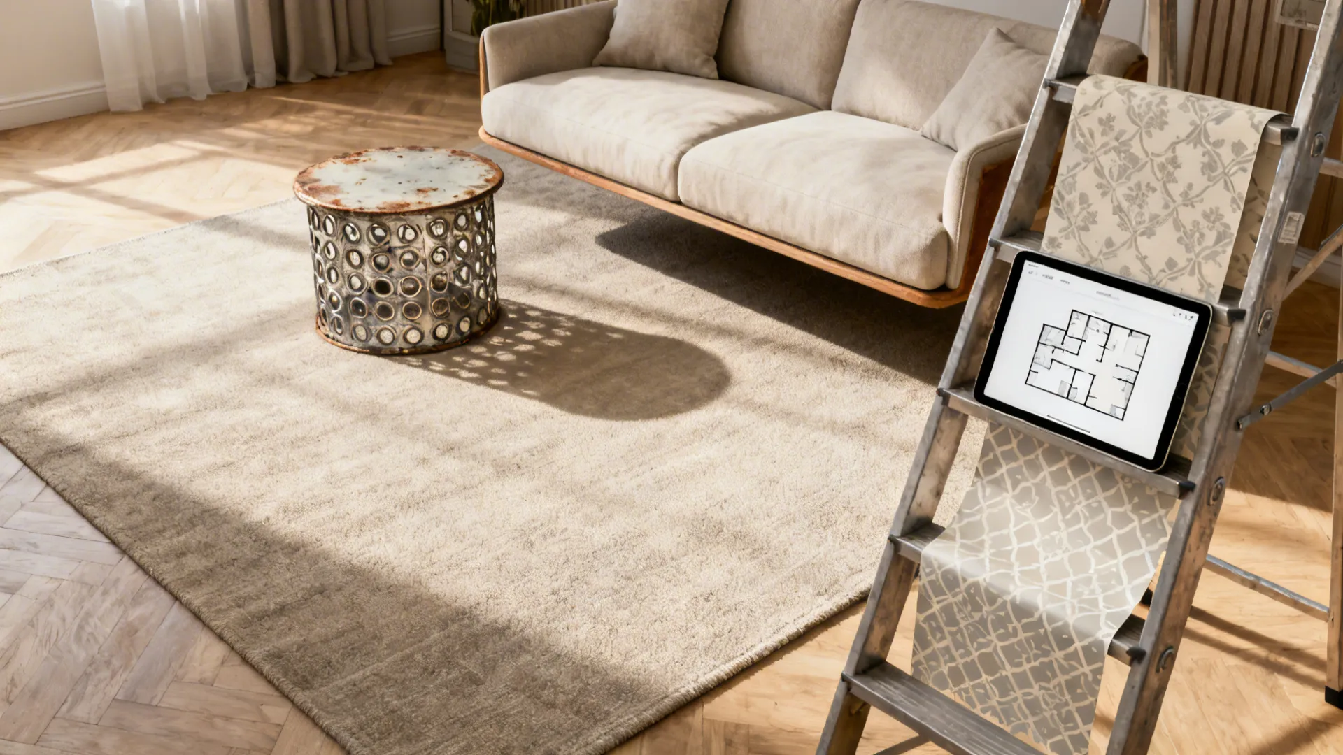 Modern living room with beige sofa and rug plus tablet showing room layout on a ladder