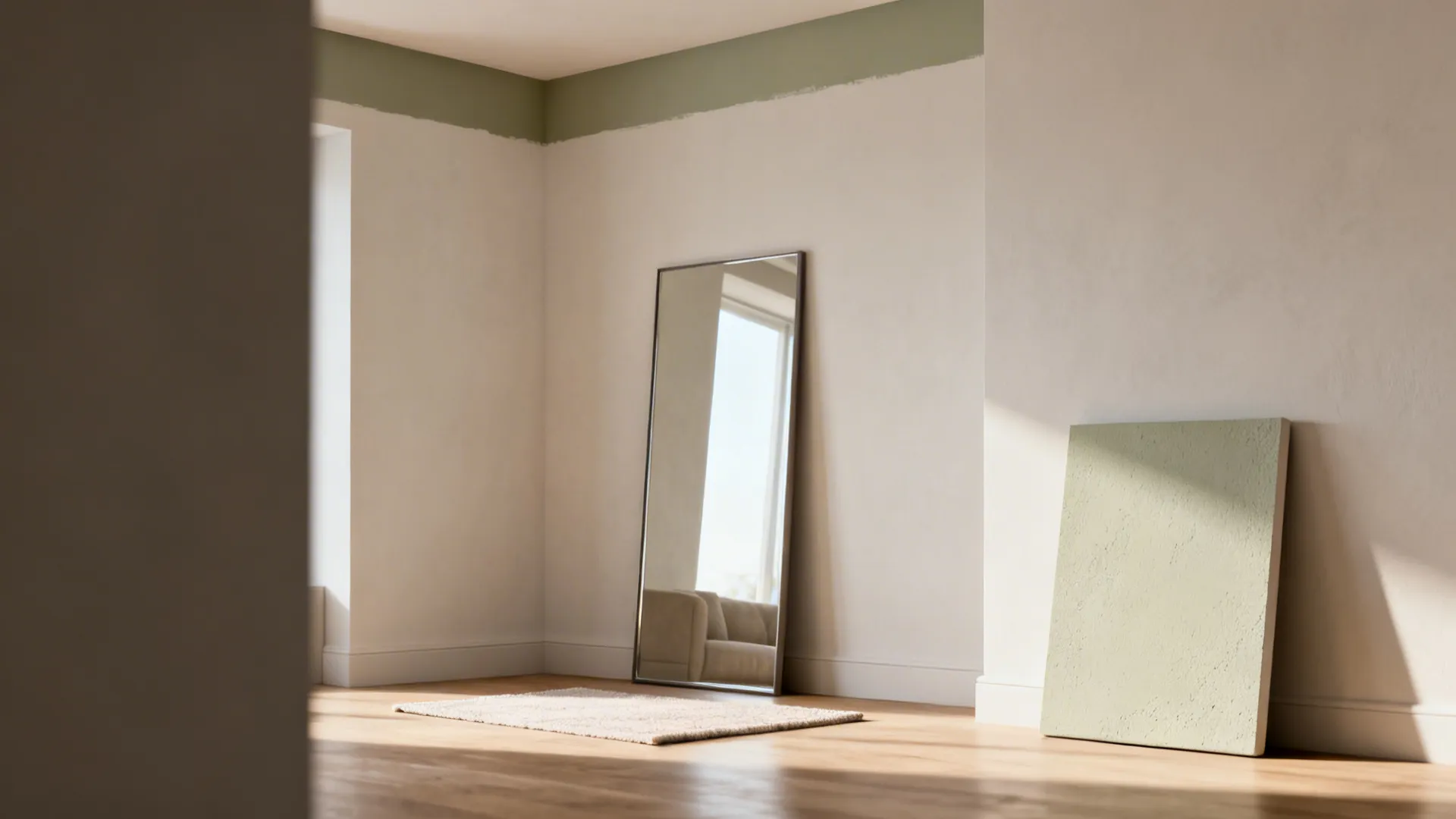 Vignette showing mirror, high paint band and plaster sample as small living room tips.