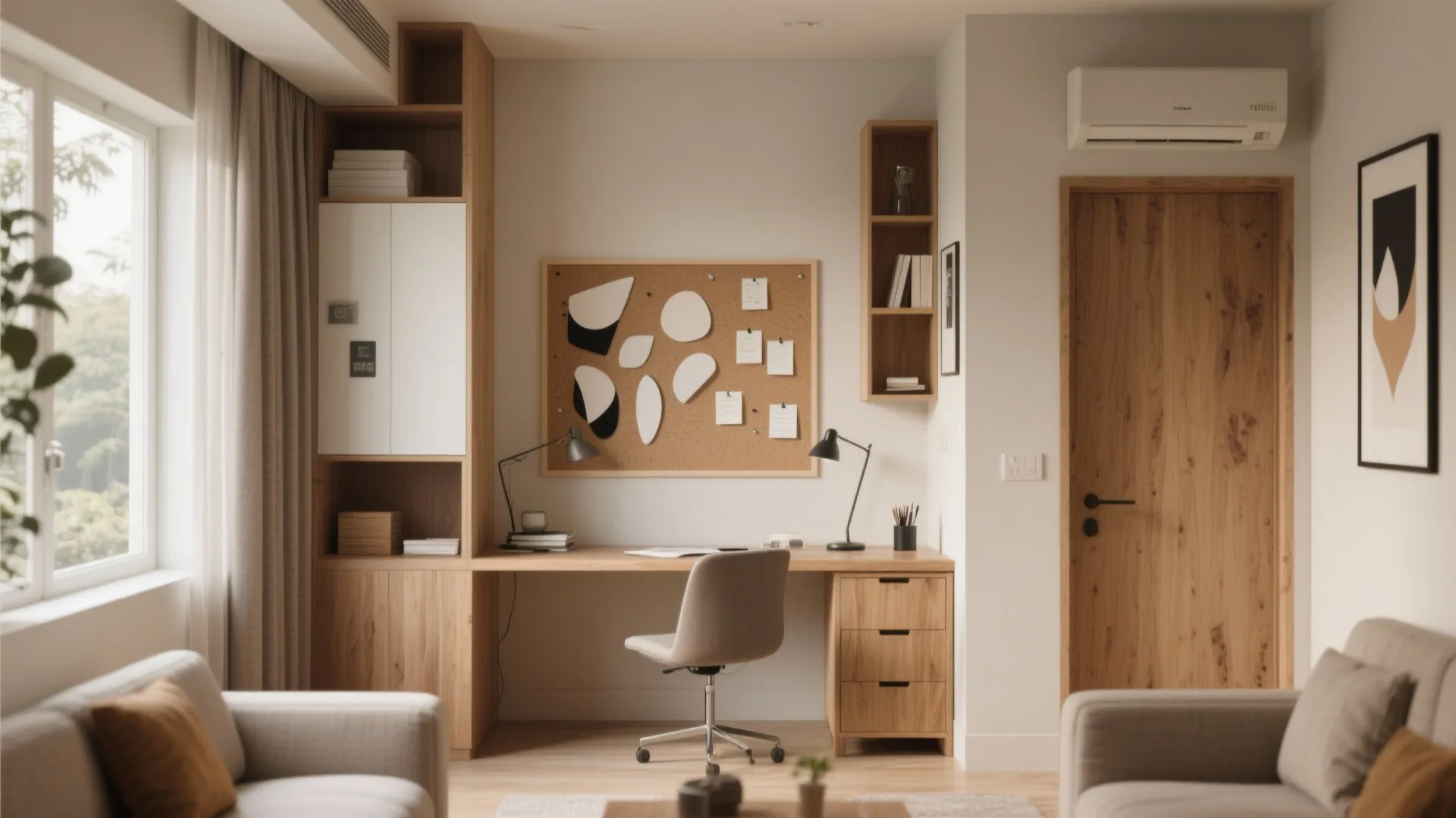 Home office workspace with wooden desk, grey chair, cork board, wall shelves, and light fixture