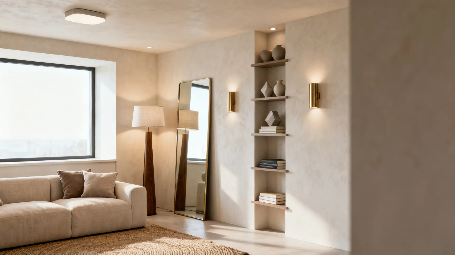 Small living room showing warm neutrals, layered lighting, and a mirror reflecting window light.