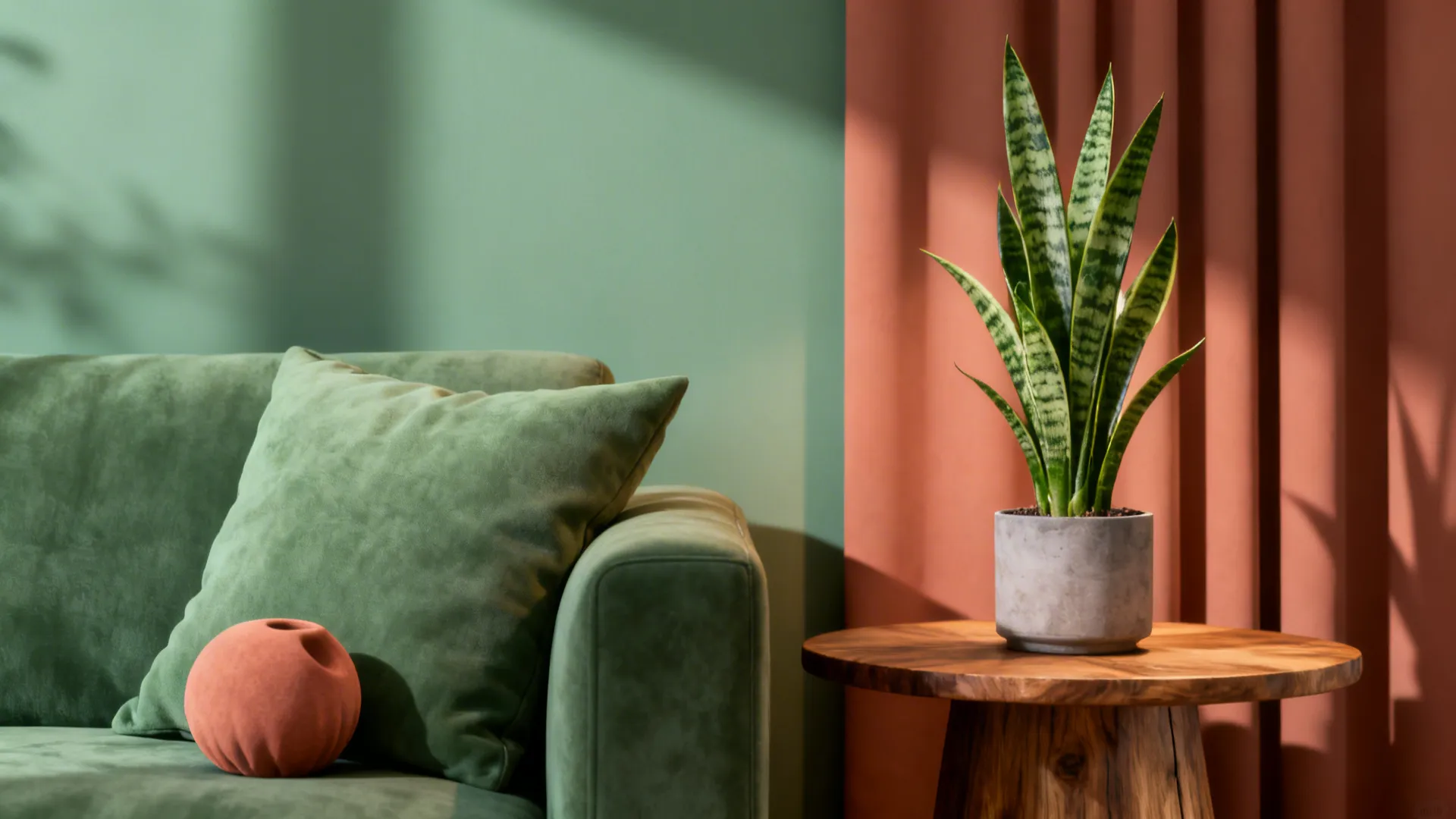 Vignette with muted green cushion, terracotta decor and a snake plant illustrating living room trend tips.