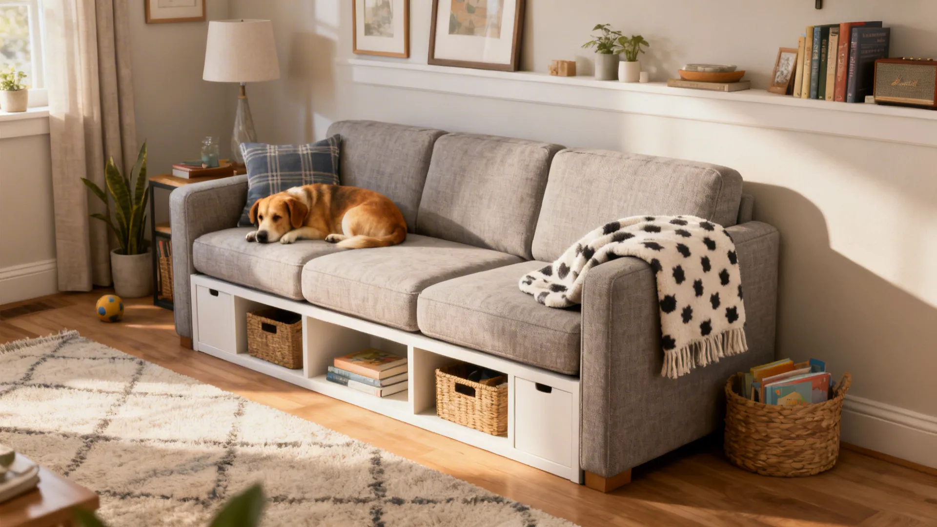 Family-ready small living room with performance fabric sofa and shallow storage solutions.