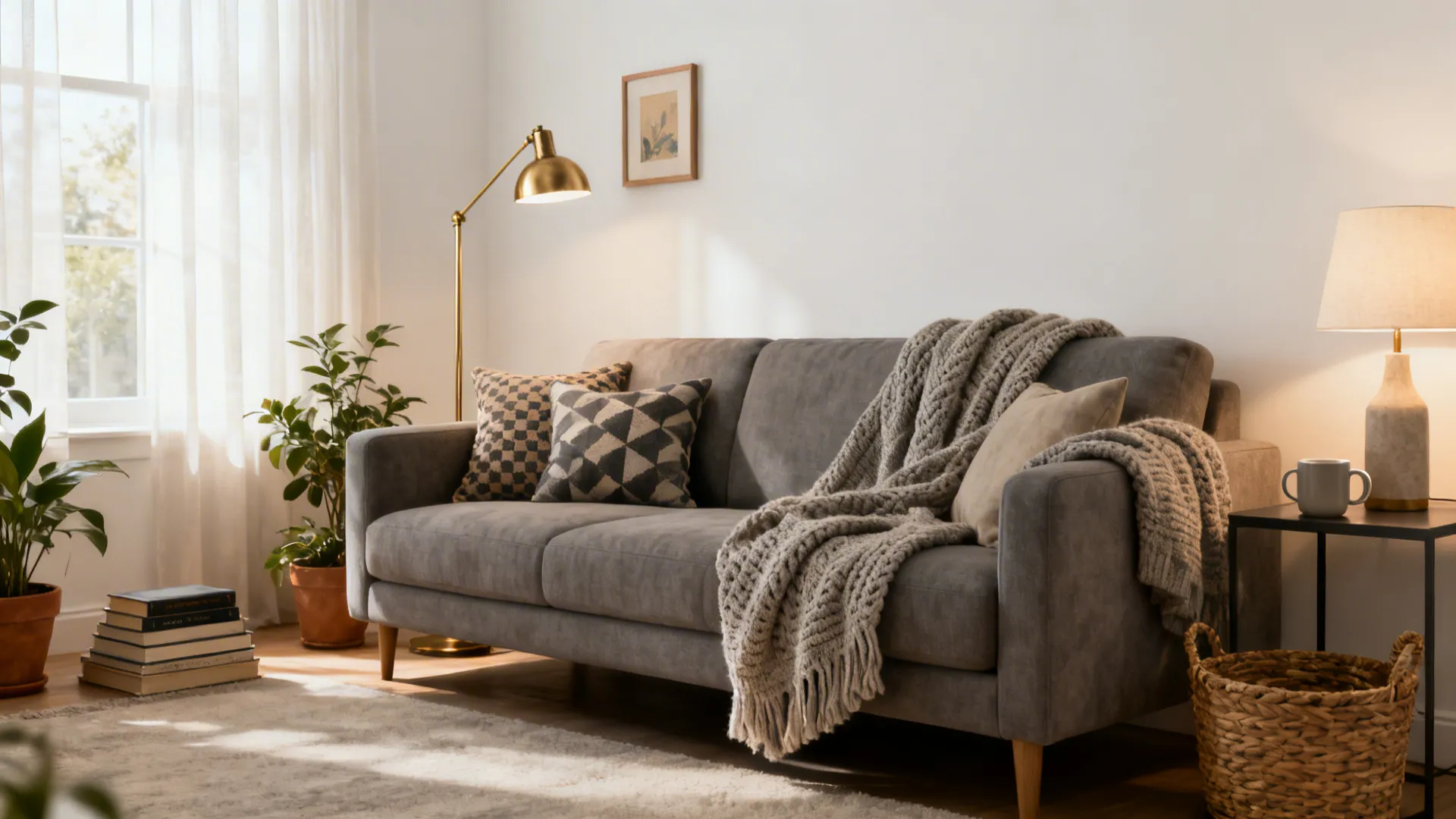 Cozy vignette showing warm whites, grey sofa and layered textures for styling FAQs.