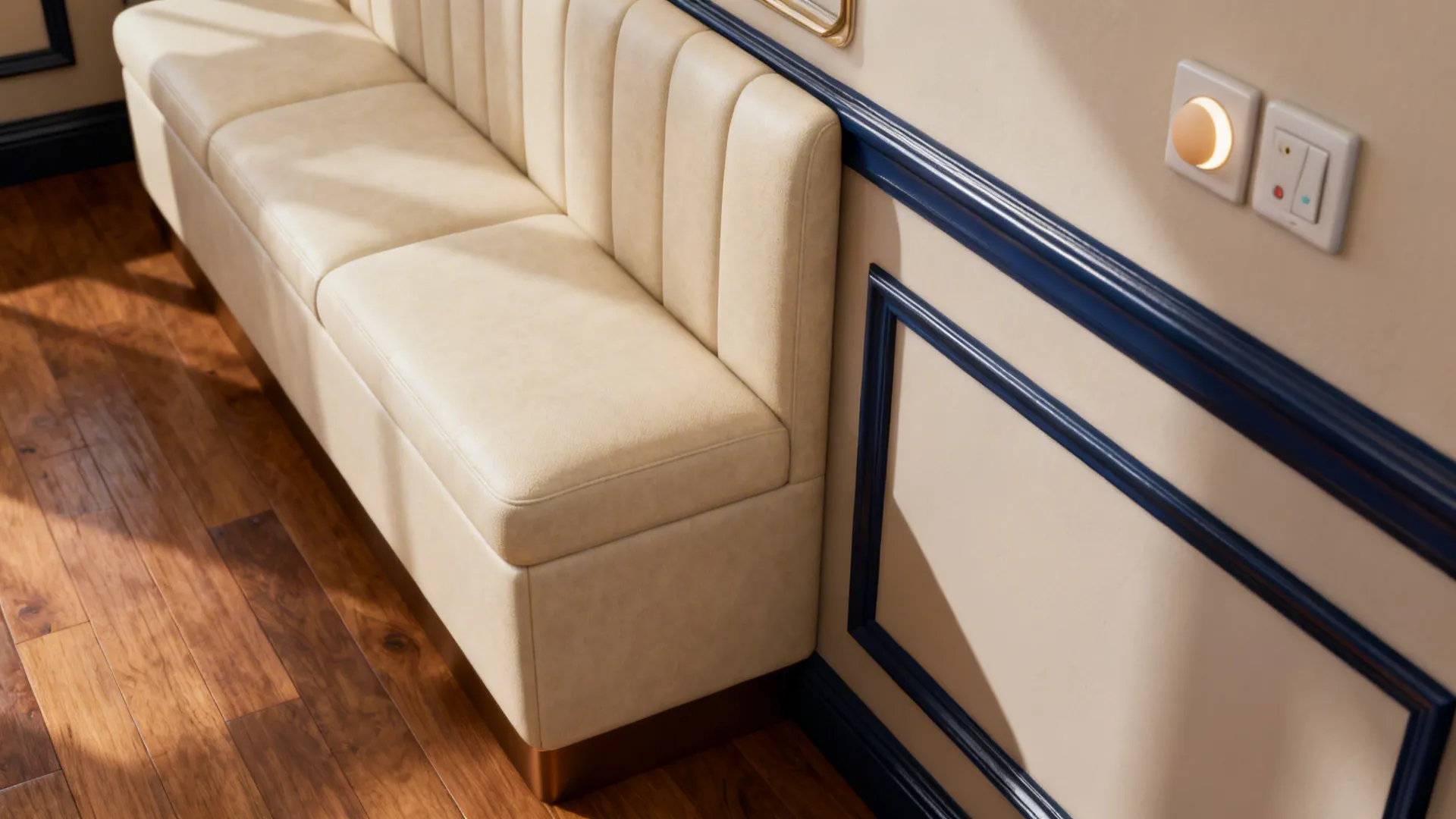 Living room vignette showing cream upholstery, navy accents, warm wood floor and layered lighting for practical guidance.