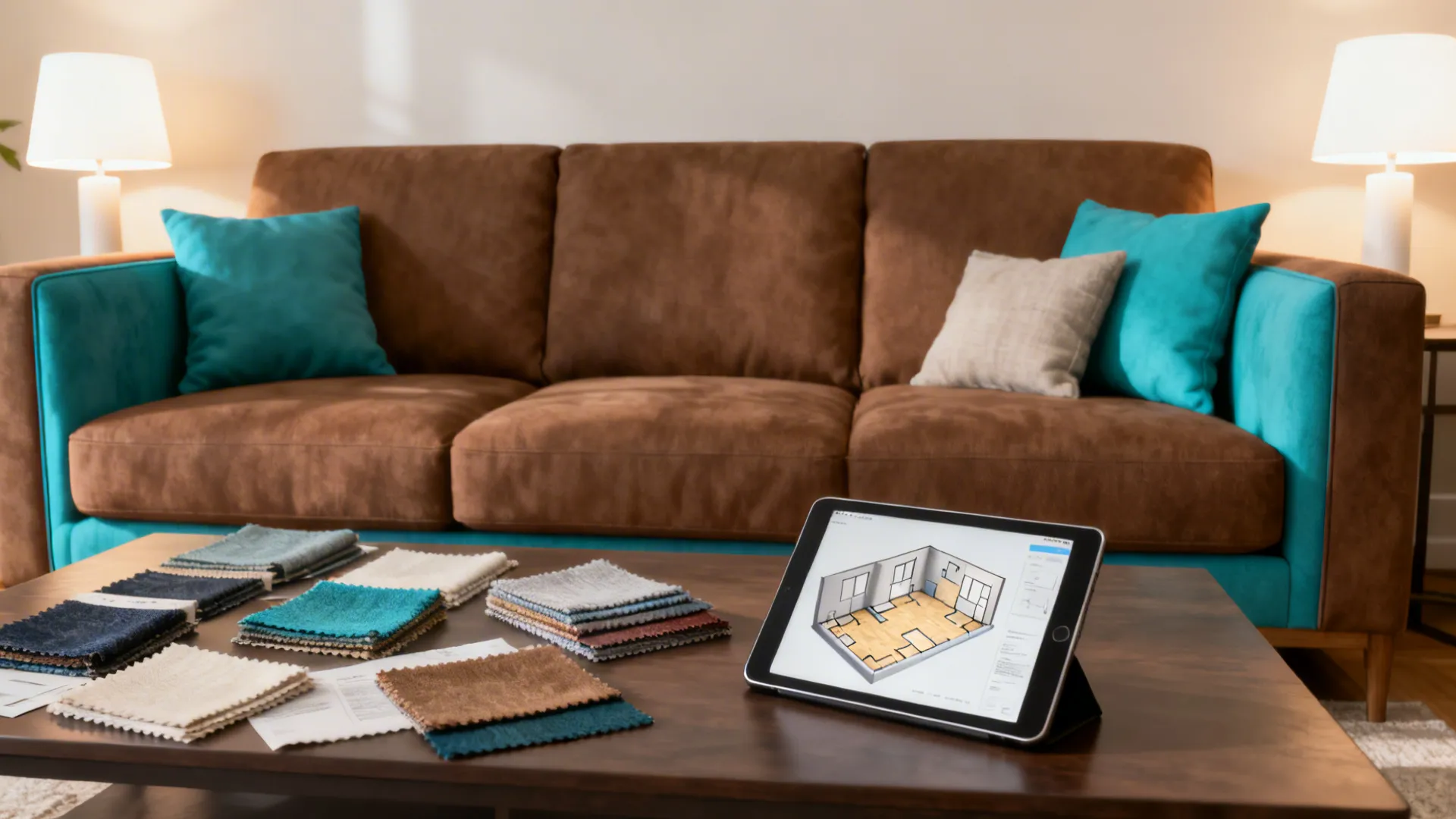 Living room vignette with turquoise accents and a tablet showing a 3D floor planner.