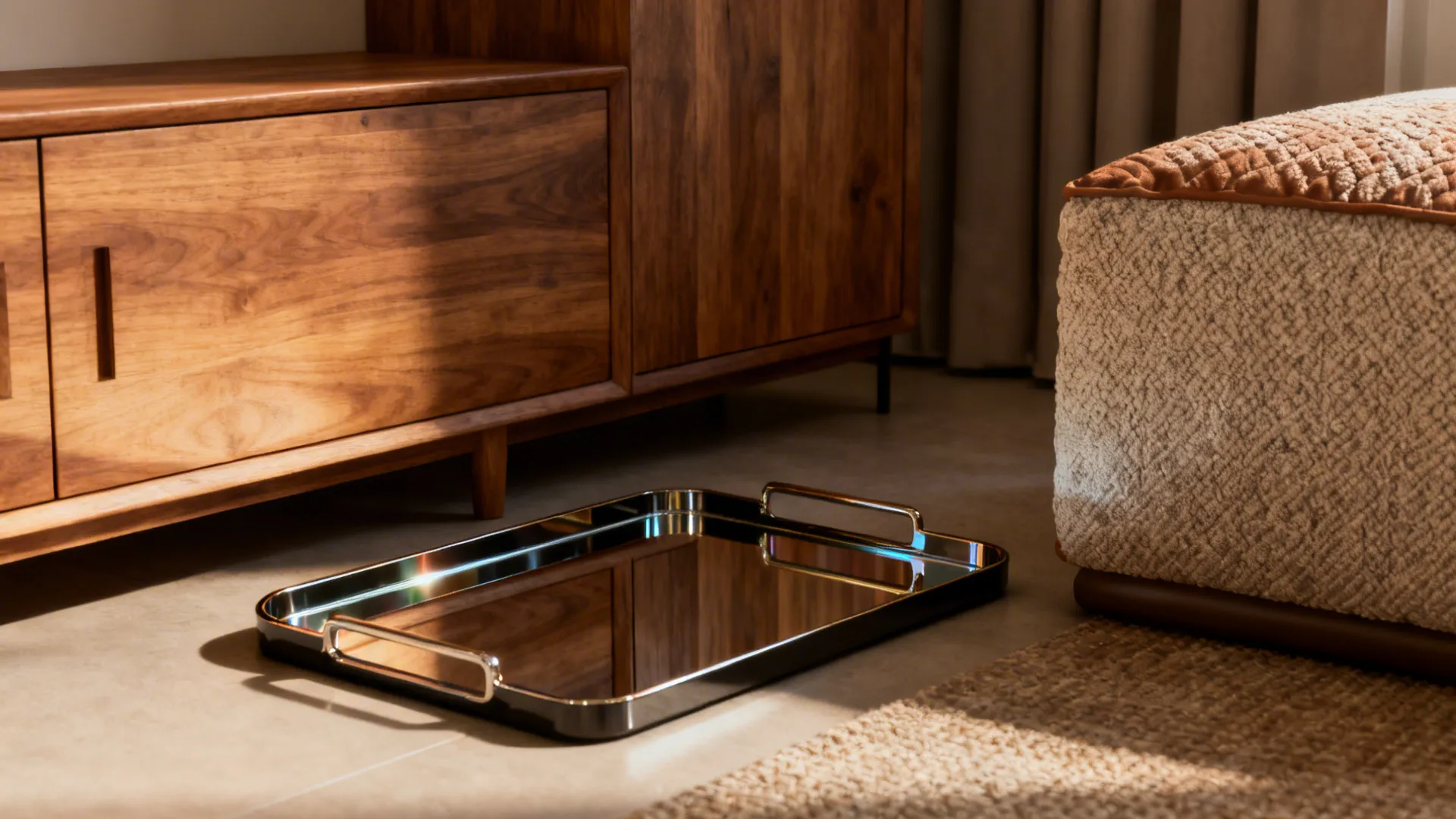 Vignette showing a mirrored tray, warm wood and textured cushion illustrating grey-silver tips.