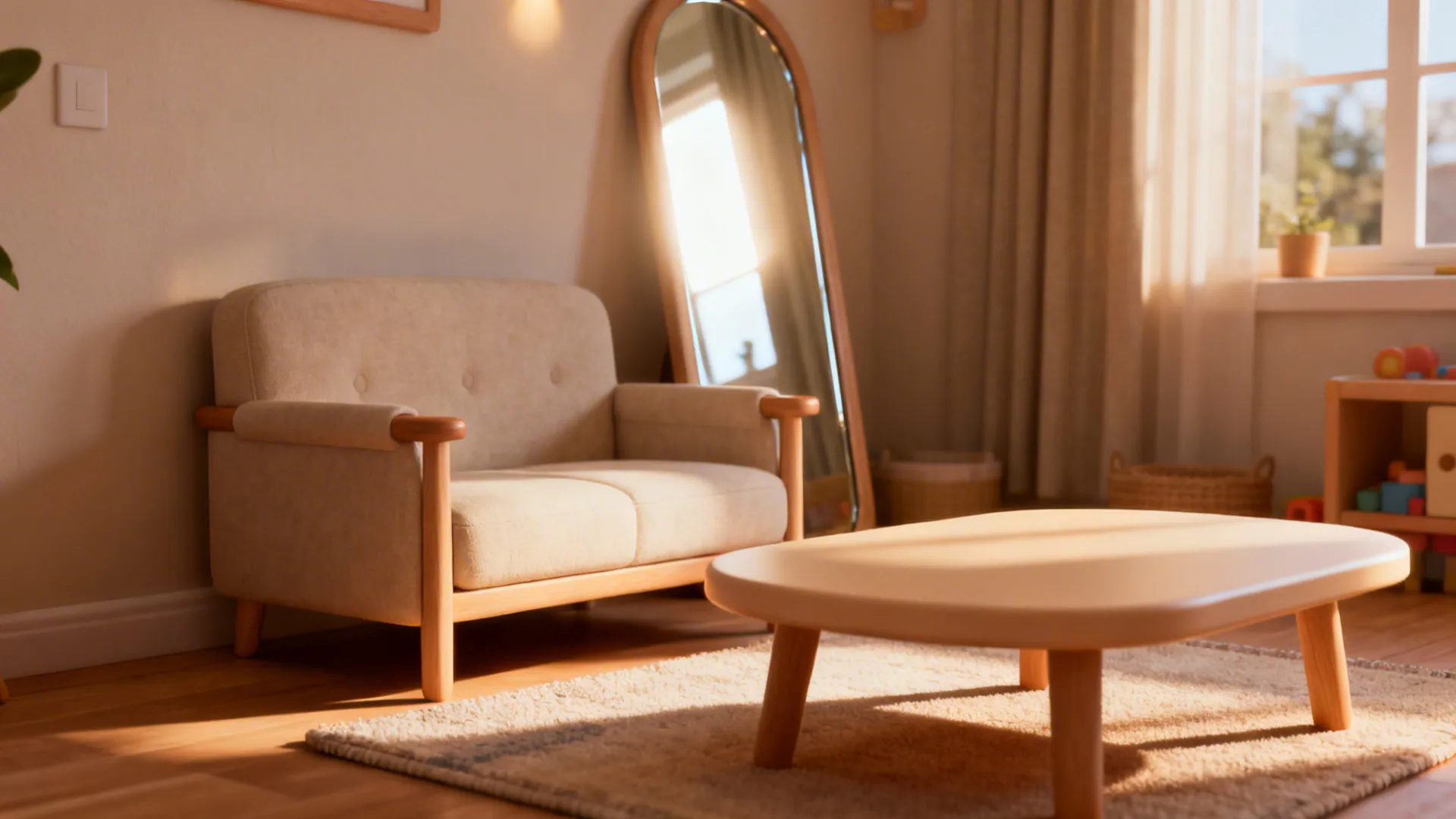 Cozy small living room vignette showing mirror, slim loveseat, rug placement, and childproof furniture