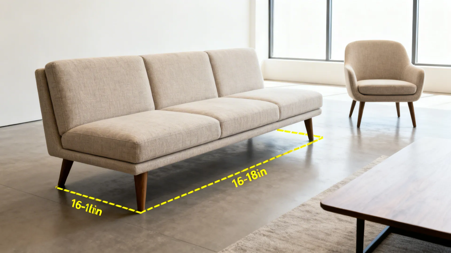 Slim sofa with raised legs and a single chair, with taped measurements on the floor.