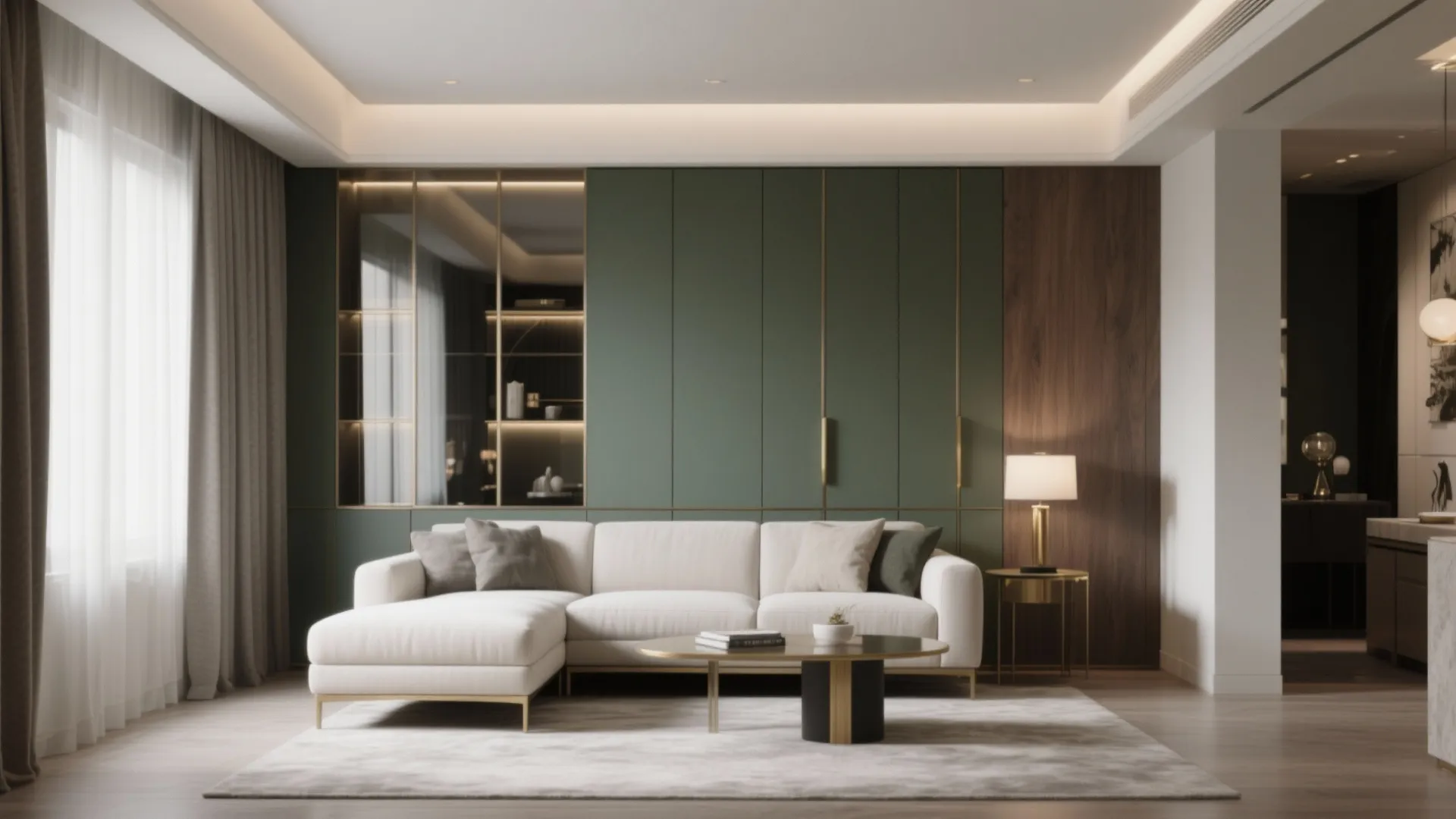 Calm small living room with hidden storage, L-shaped sofa, mirror accents, and warm layered lighting.