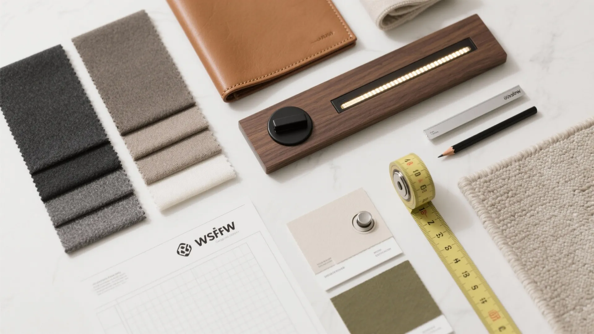 Interior design mood board with fabric swatches leather samples wood trim pencil and measuring tape