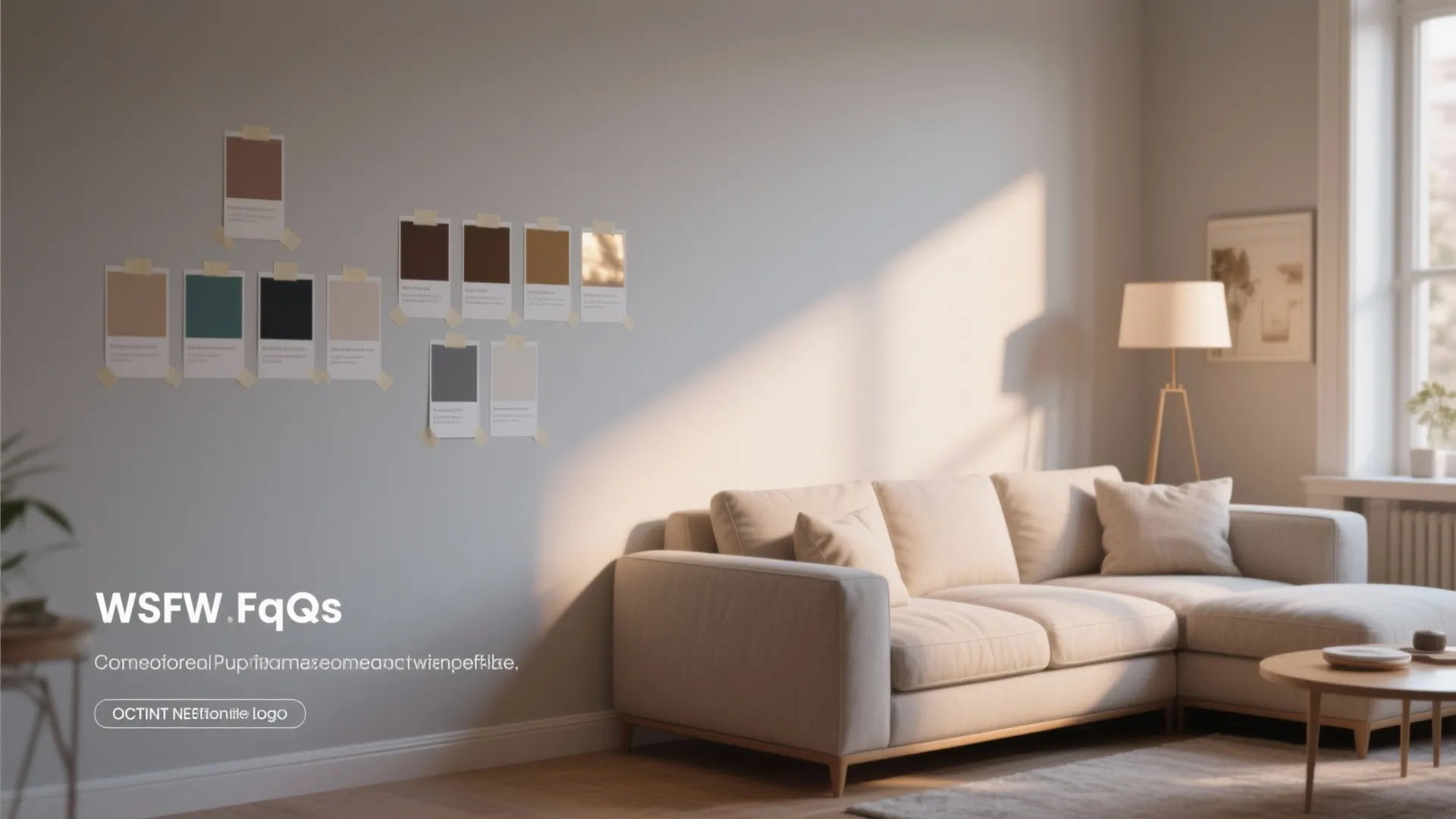 Interior design mood board with color samples on wall above cream sofa in bright living room