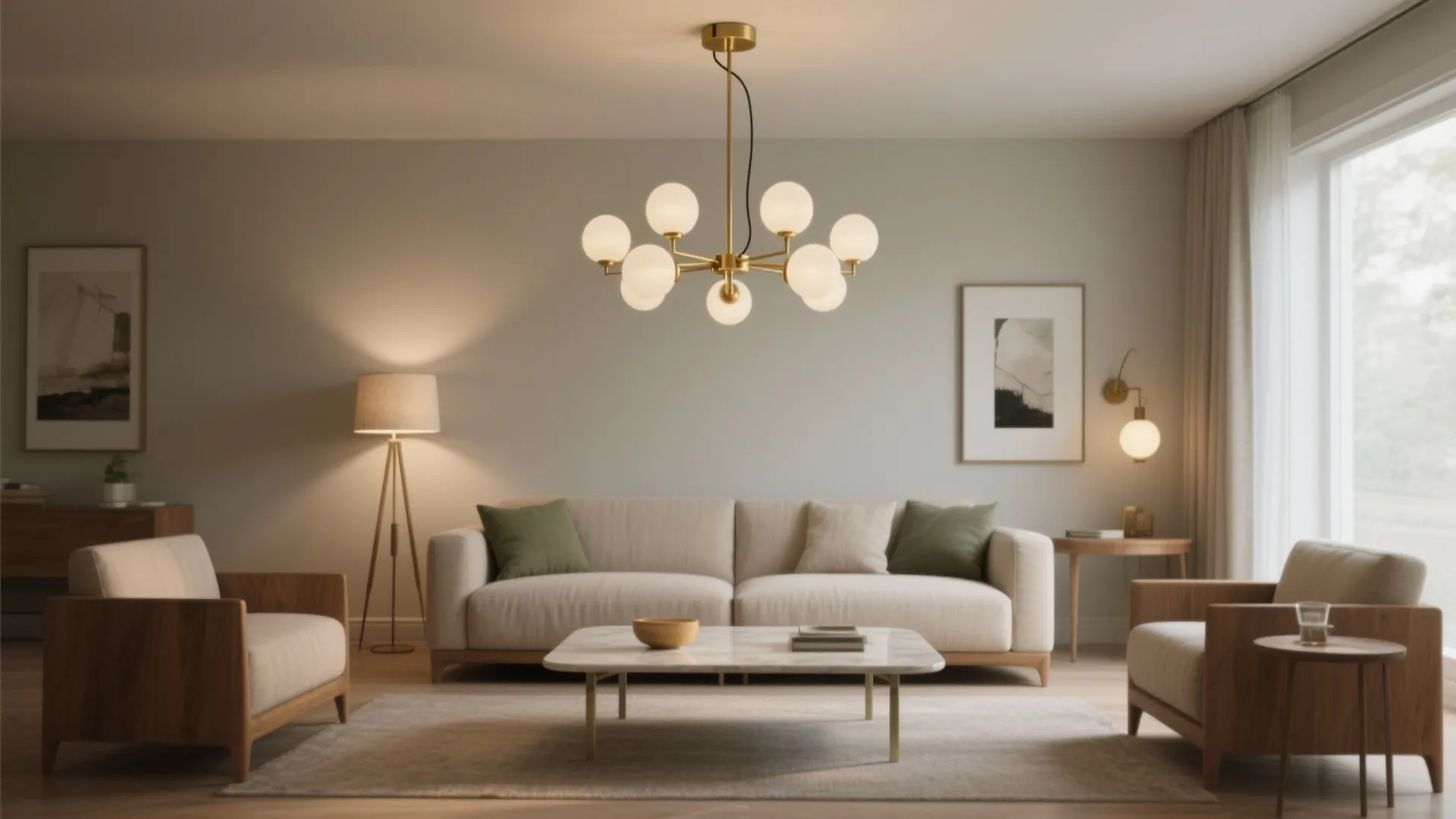 Compact living room with a semi-flush chandelier hung at proper height, balanced by a floor lamp and sconces.