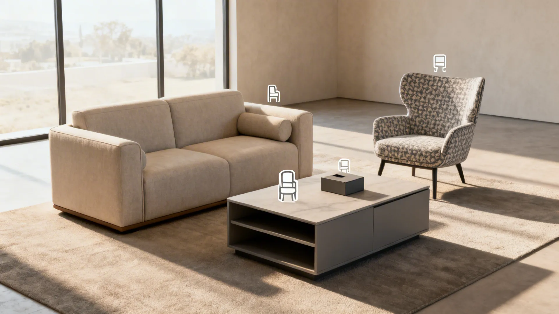 Styled small living room demonstrating a three-piece setup with storage and seating labeled.