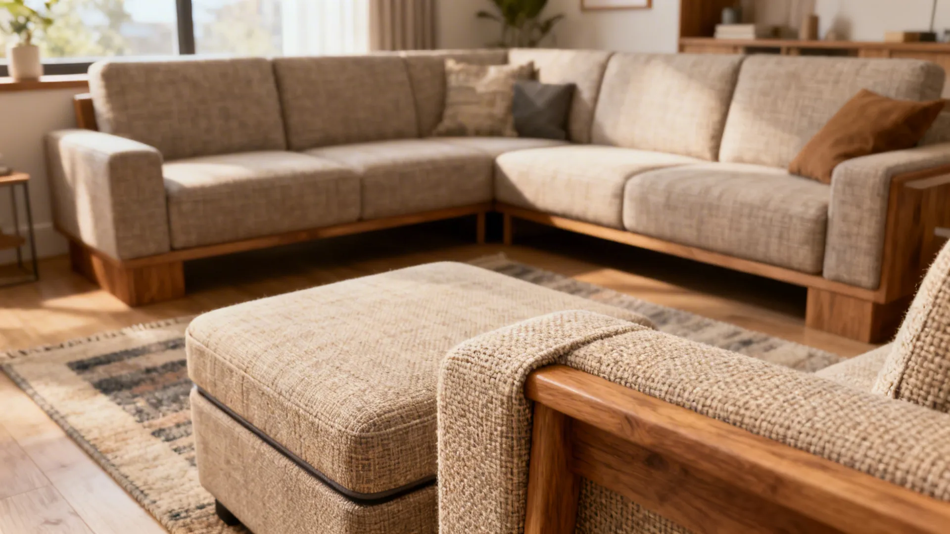 Small living room showing circulation space around a low-profile sectional and modular pieces