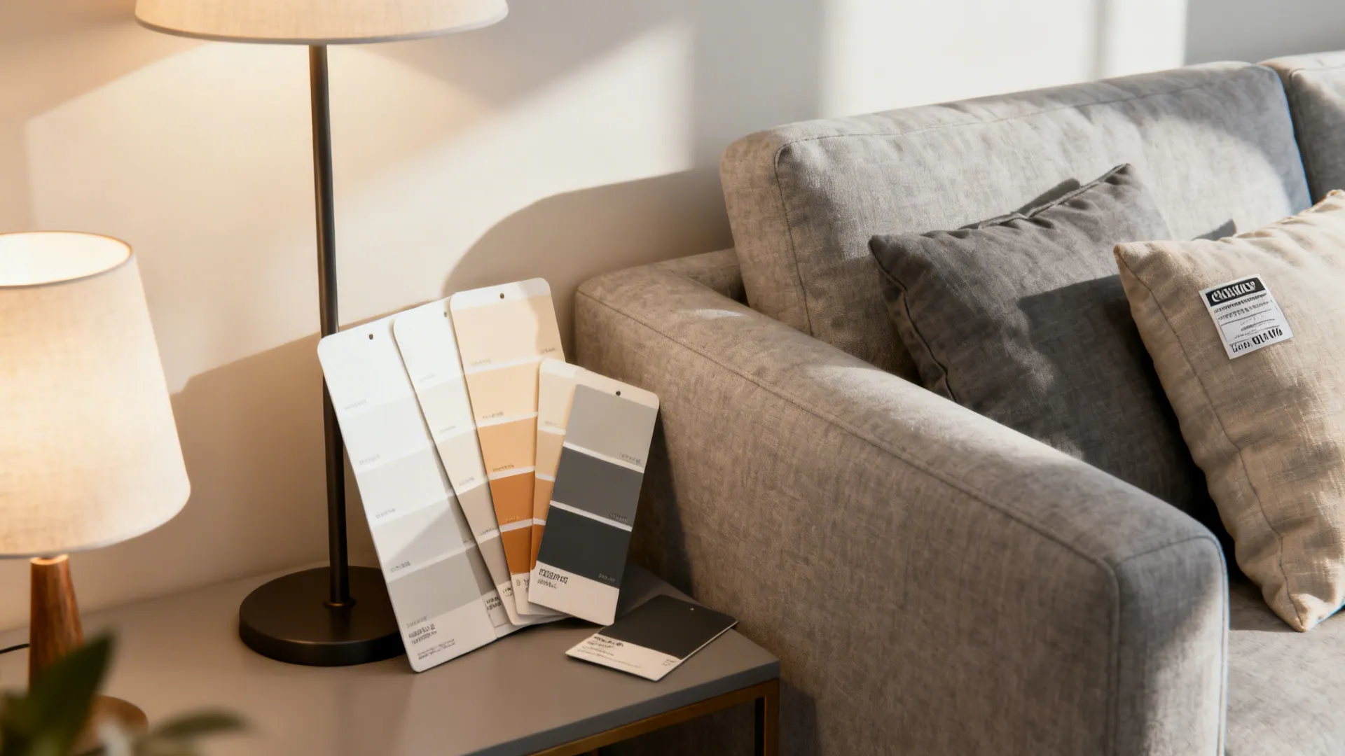 Paint color swatches on side table next to grey sofa with pillows and table lamp