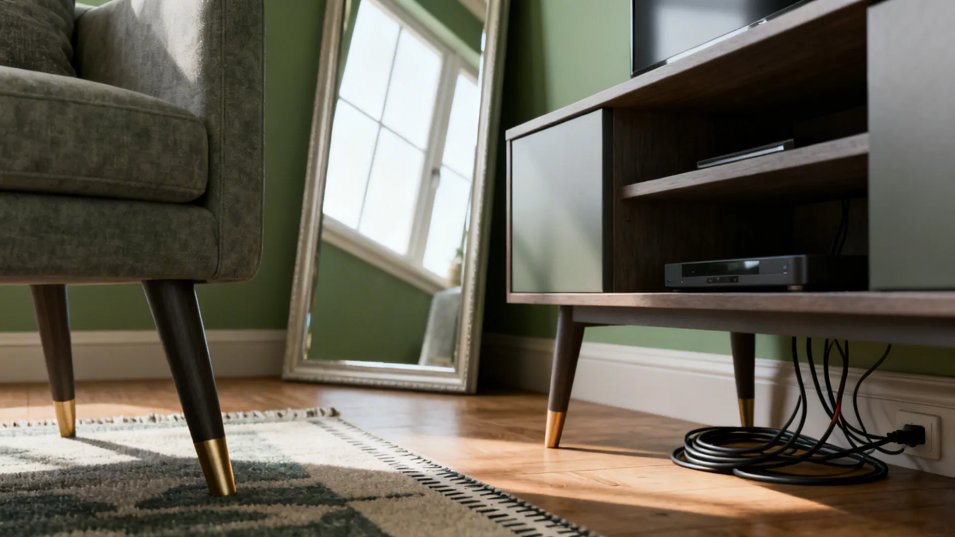 Corner view showing mirror, leggy sofa, correctly sized rug and hidden cable management in a small living room.