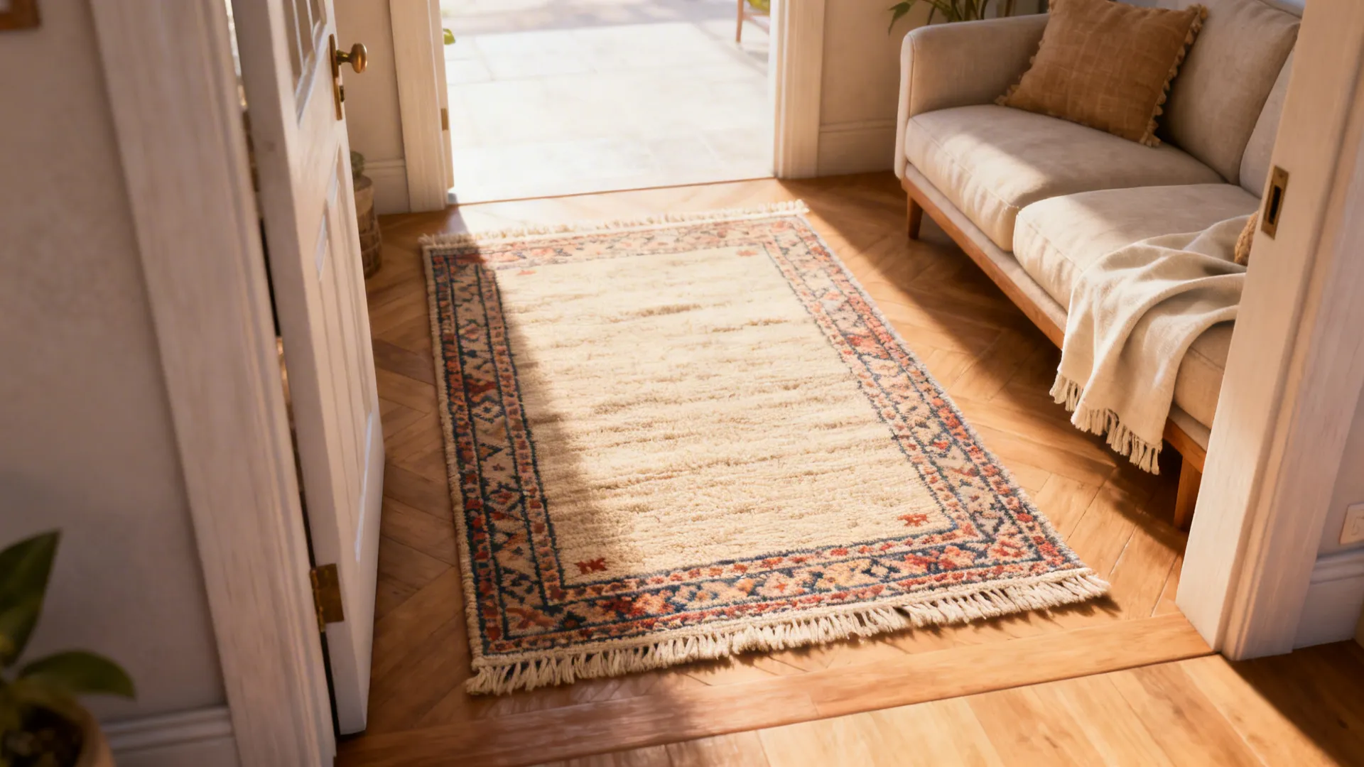 Living room examples showing correct rug sizing, flatweave durability, and layered textures